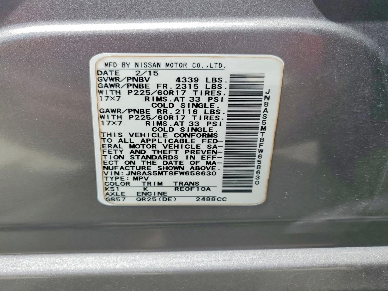 2015 Nissan Rogue Select S Gray vin: JN8AS5MT8FW658630