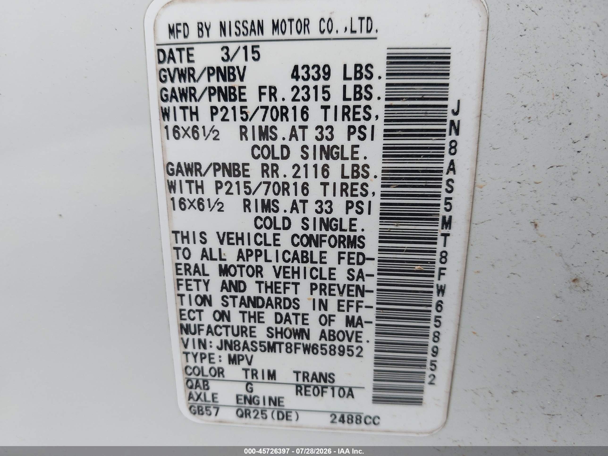 2015 Nissan Rogue Select S White vin: JN8AS5MT8FW658952