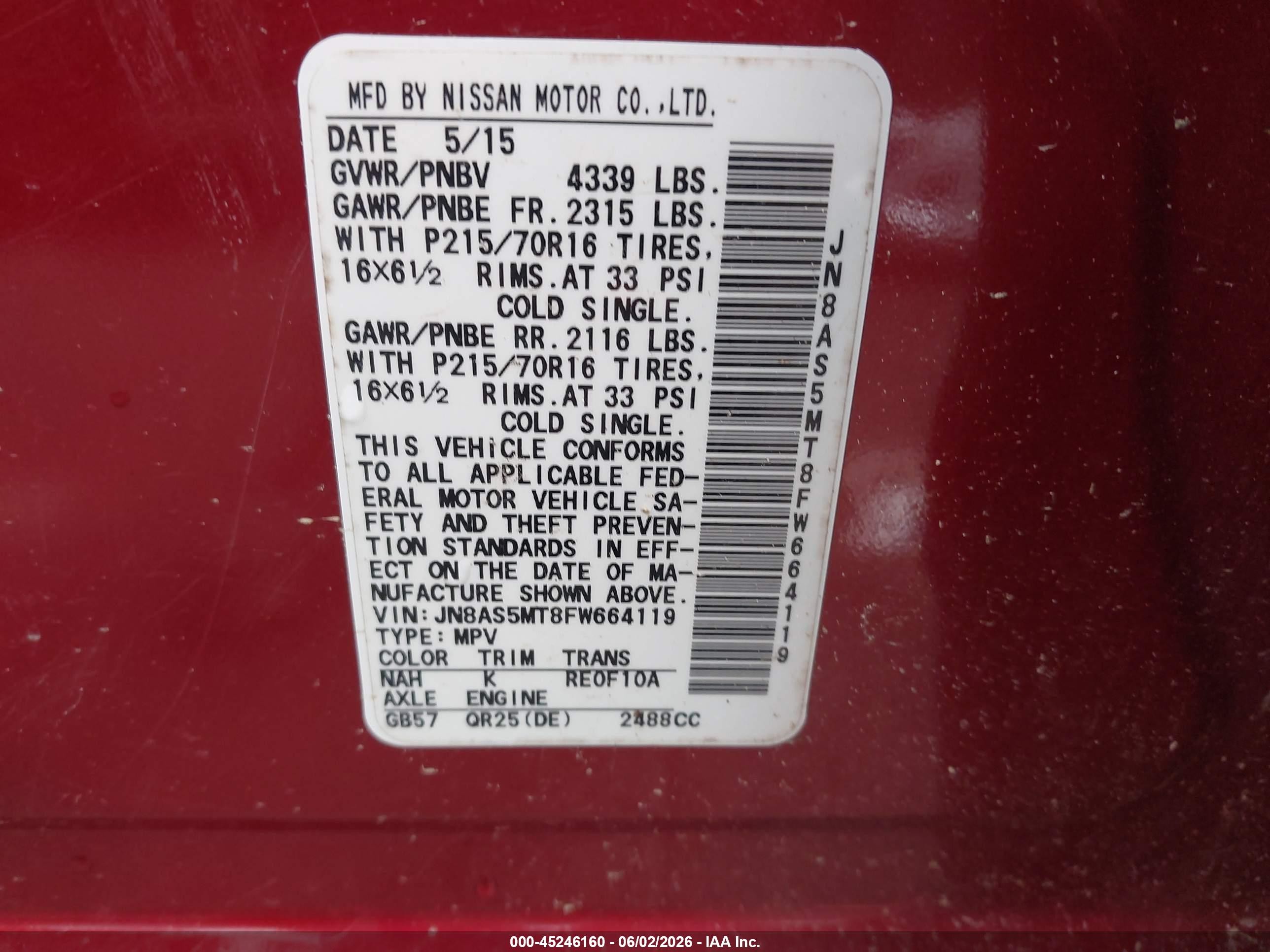 2015 Nissan Rogue Select S Red vin: JN8AS5MT8FW664119