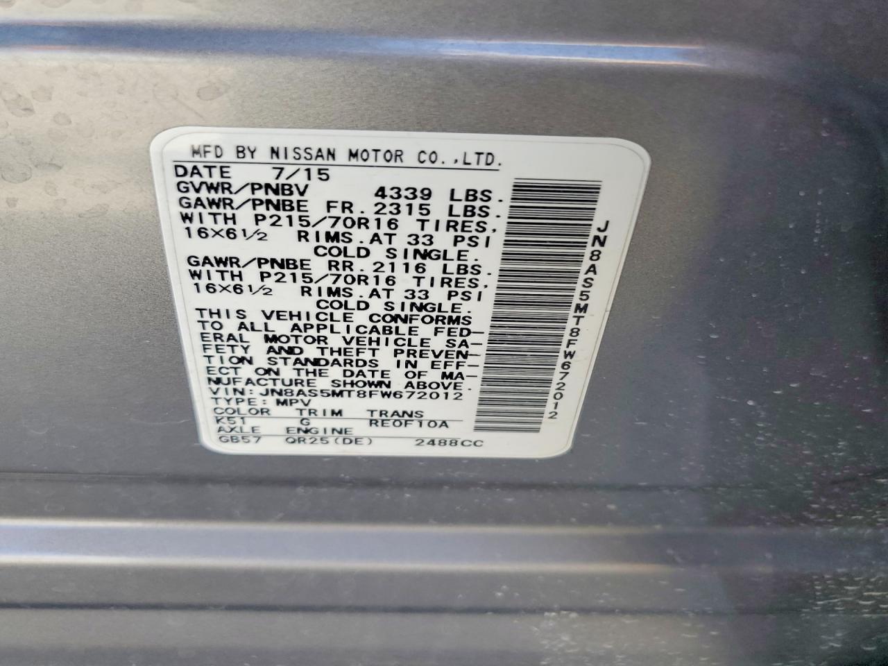 2015 Nissan Rogue Select S Gray vin: JN8AS5MT8FW672012