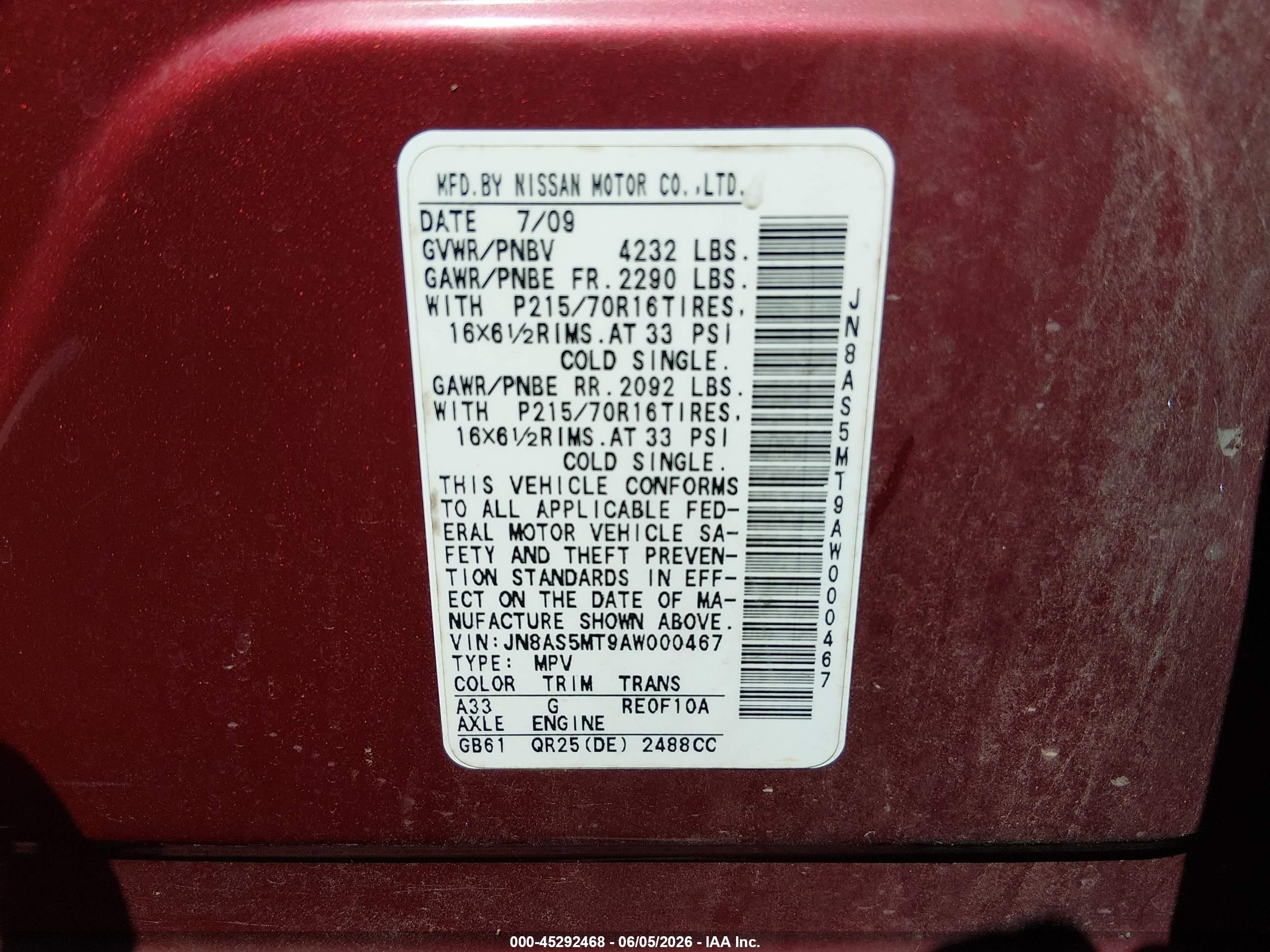2010 Nissan Rogue S Red vin: JN8AS5MT9AW000467