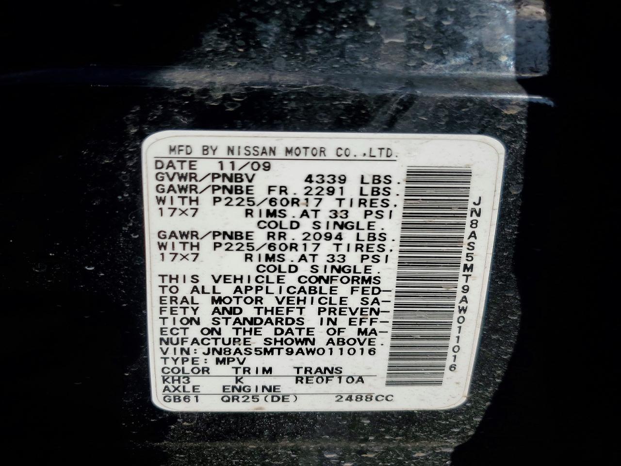 2010 Nissan Rogue Sl Black vin: JN8AS5MT9AW011016