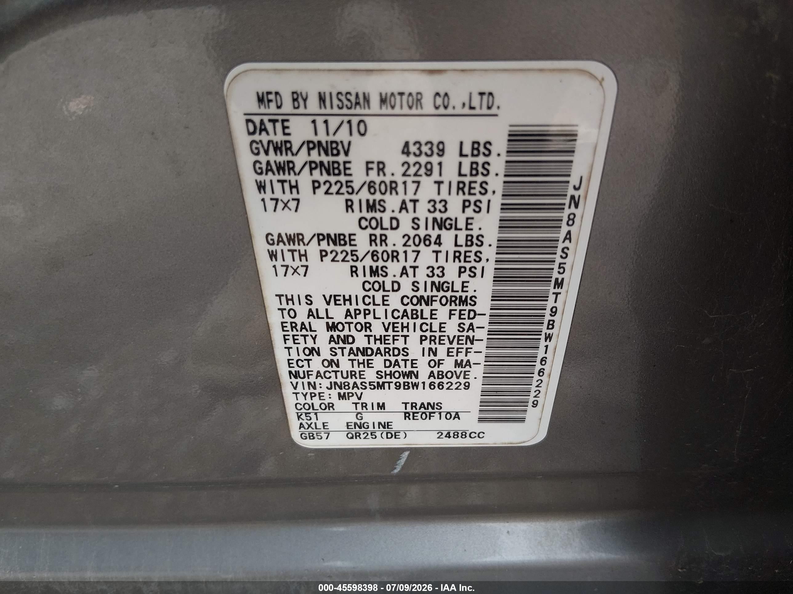 2011 Nissan Rogue Sv Gray vin: JN8AS5MT9BW166229