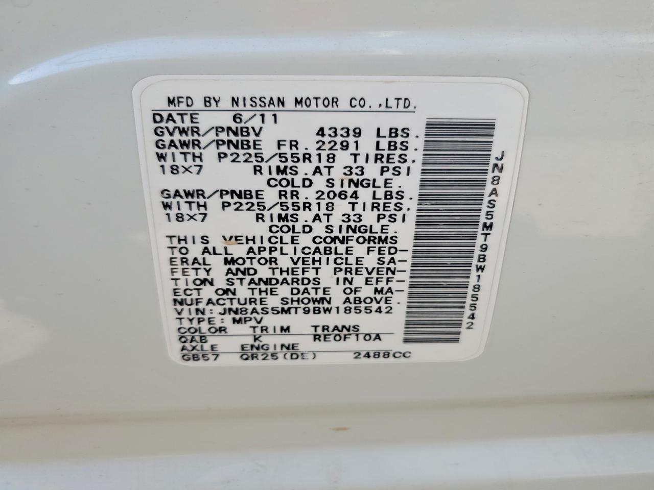 2011 Nissan Rogue S White vin: JN8AS5MT9BW185542
