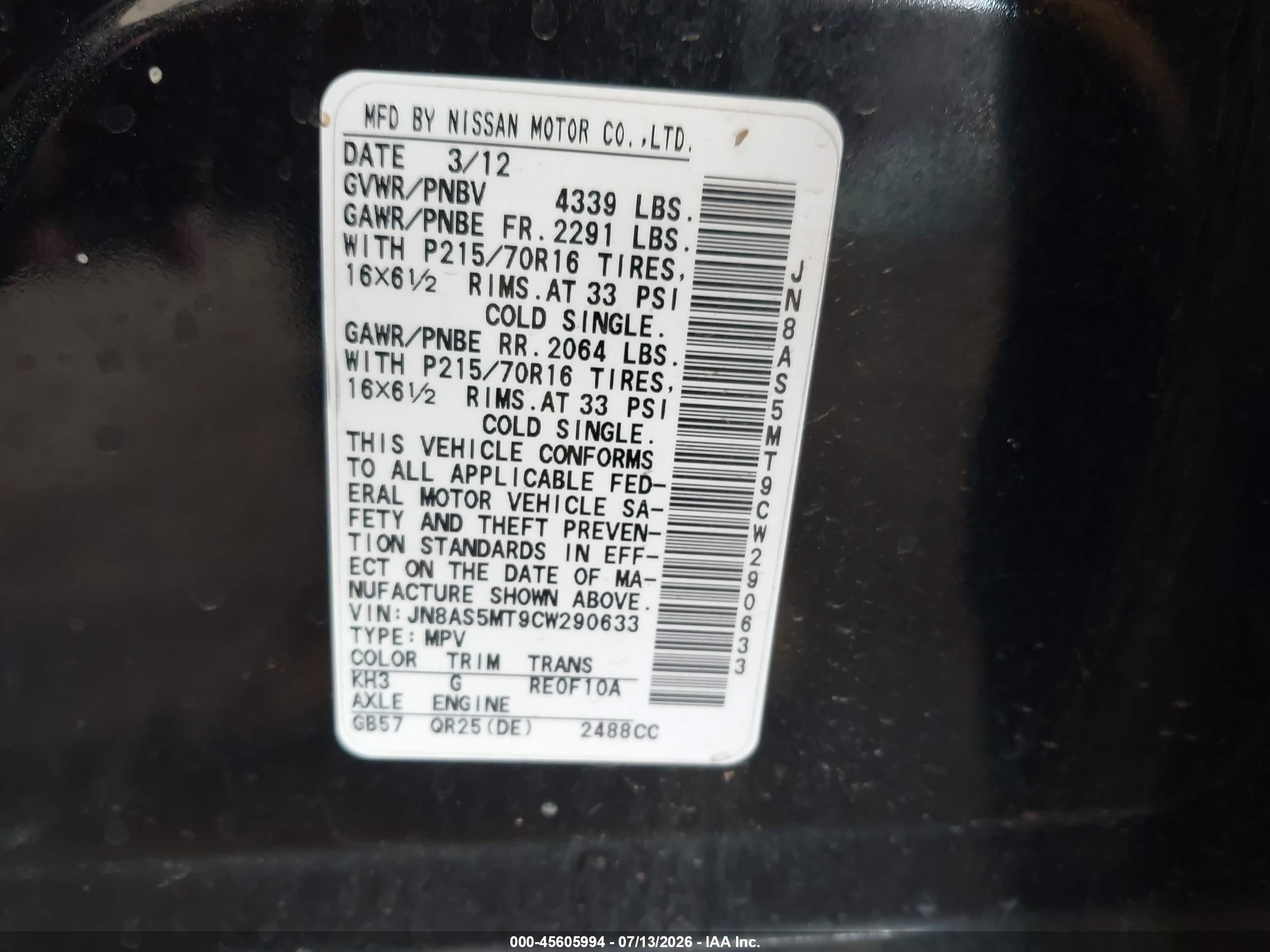 2012 Nissan Rogue S Black vin: JN8AS5MT9CW290633