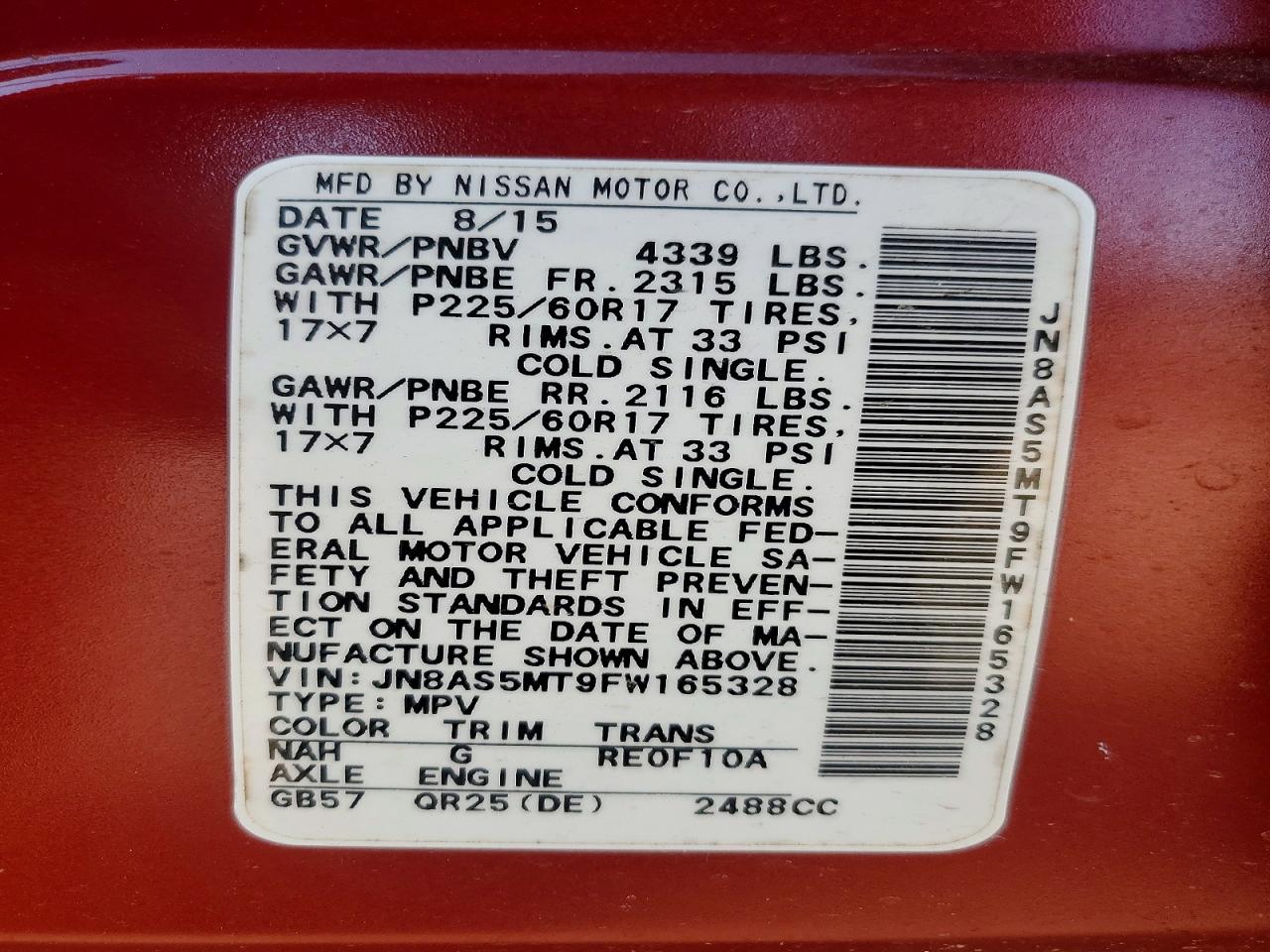 2015 Nissan Rogue Select S Red vin: JN8AS5MT9FW165328