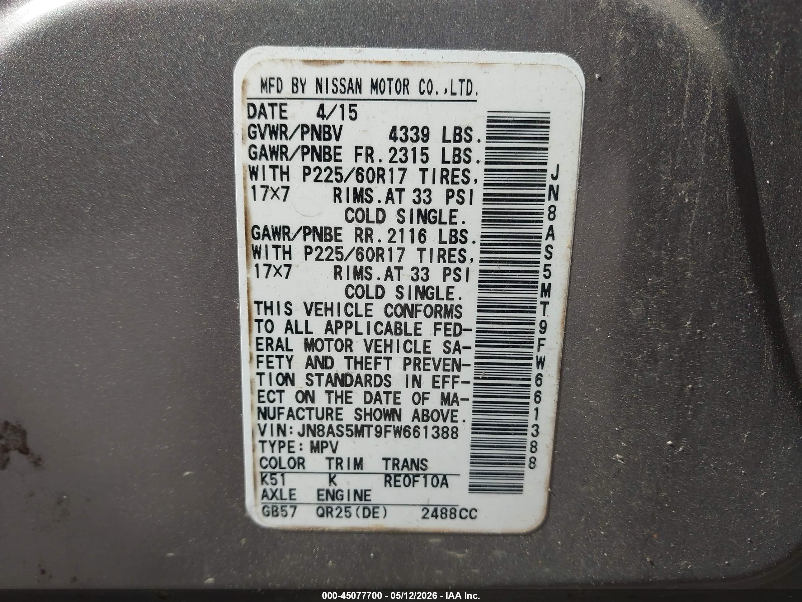2015 Nissan Rogue Select S Gray vin: JN8AS5MT9FW661388