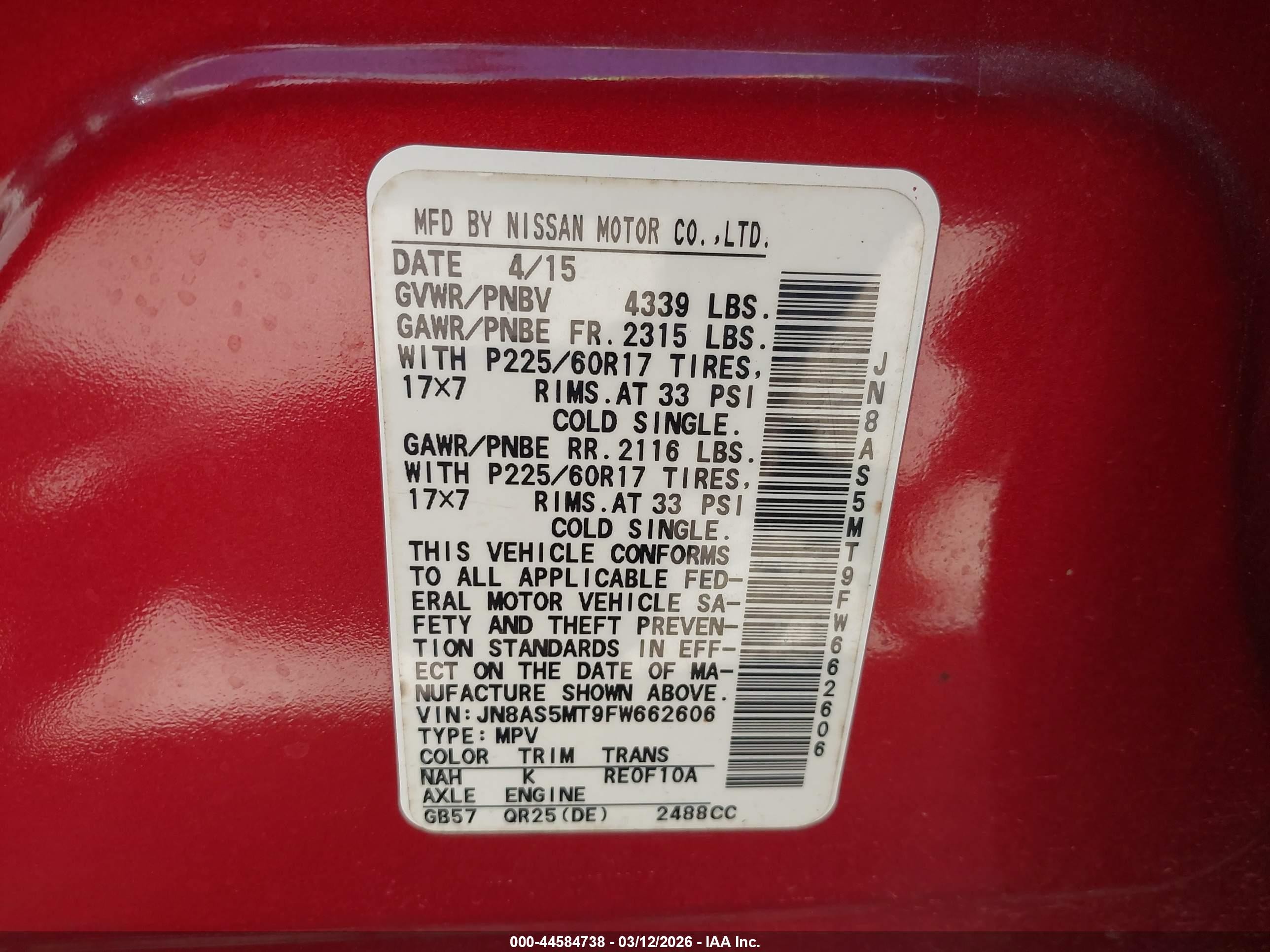 2015 Nissan Rogue Select S Red vin: JN8AS5MT9FW662606