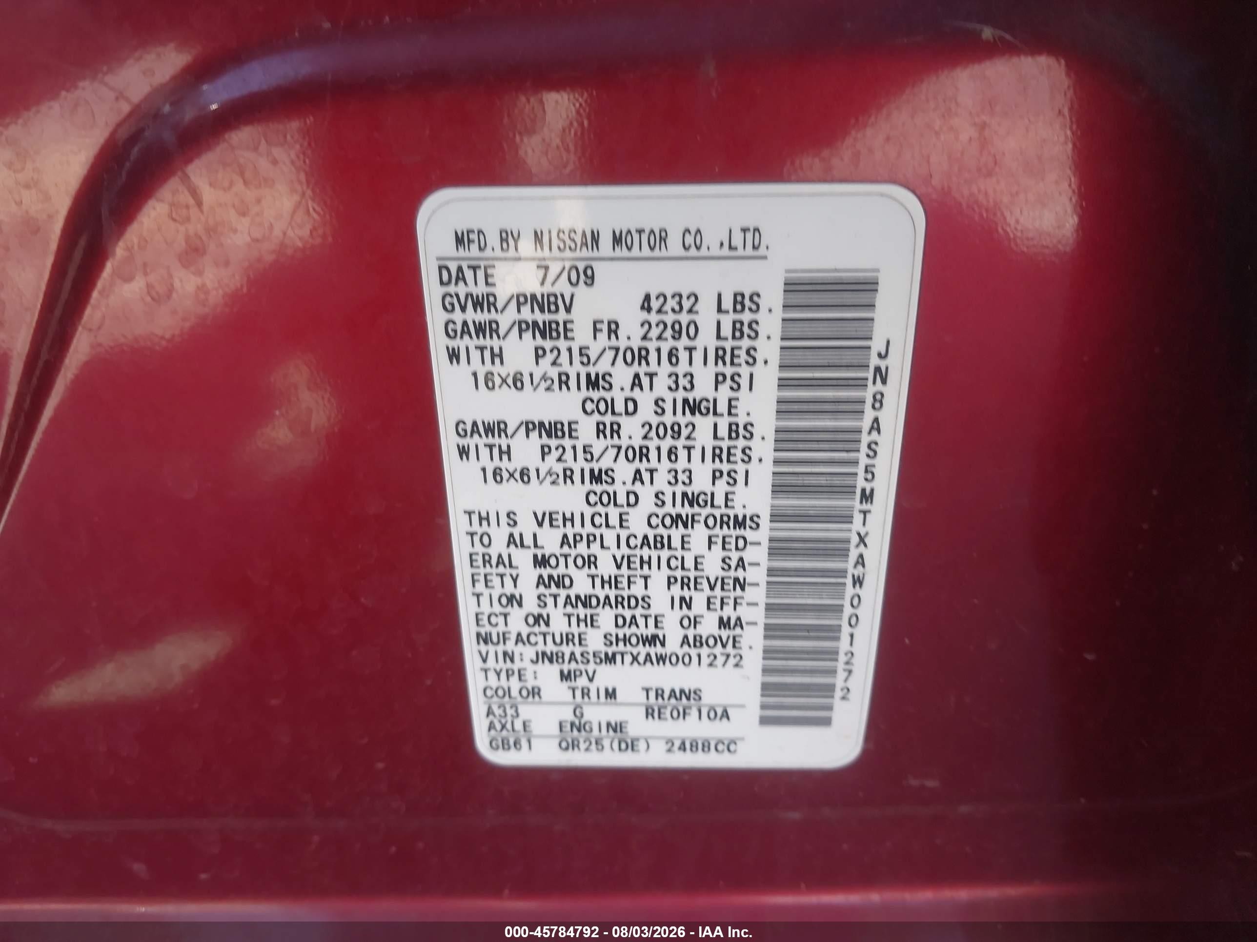 2010 Nissan Rogue S Red vin: JN8AS5MTXAW001272