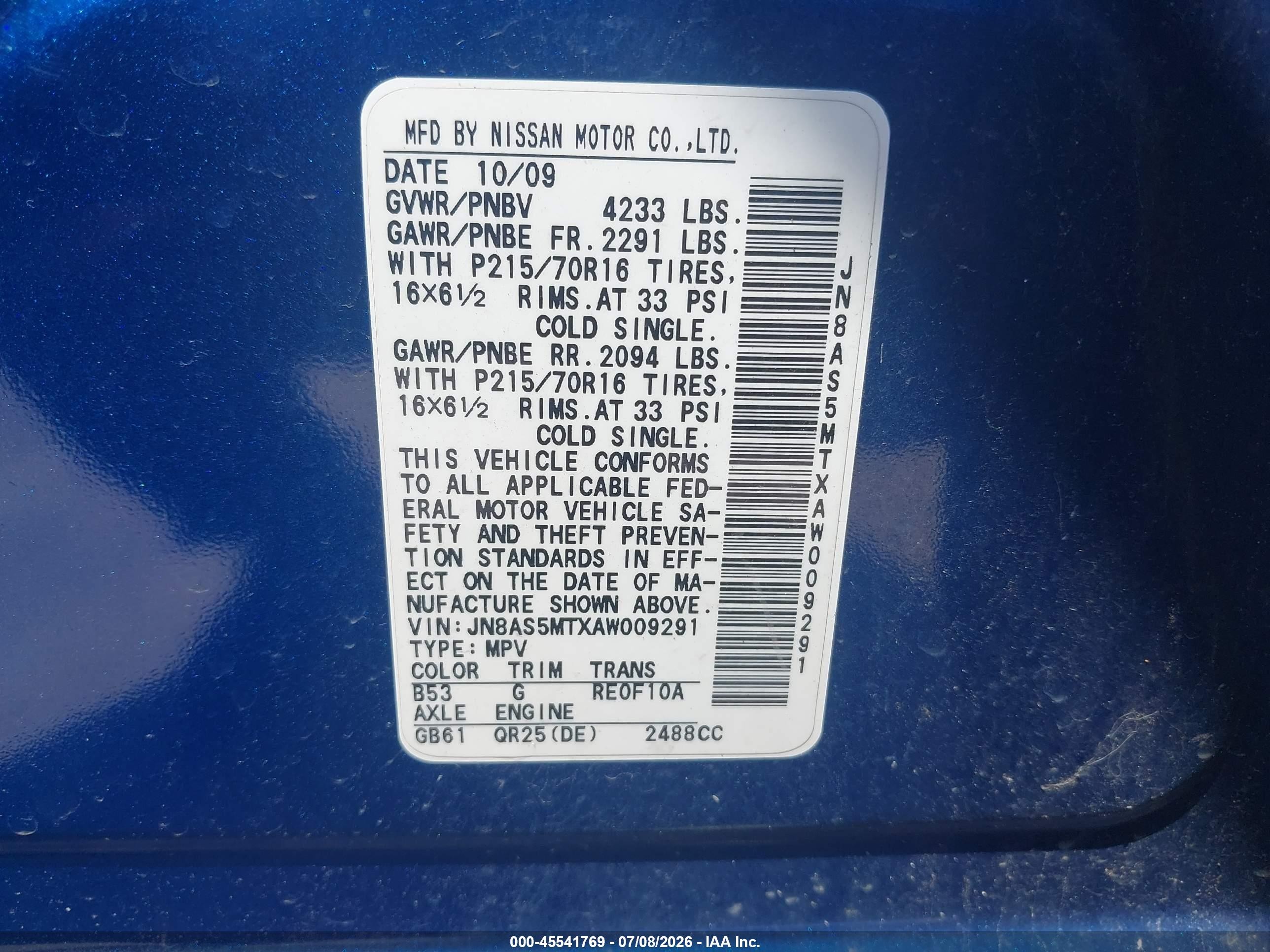 2010 Nissan Rogue S Blue vin: JN8AS5MTXAW009291
