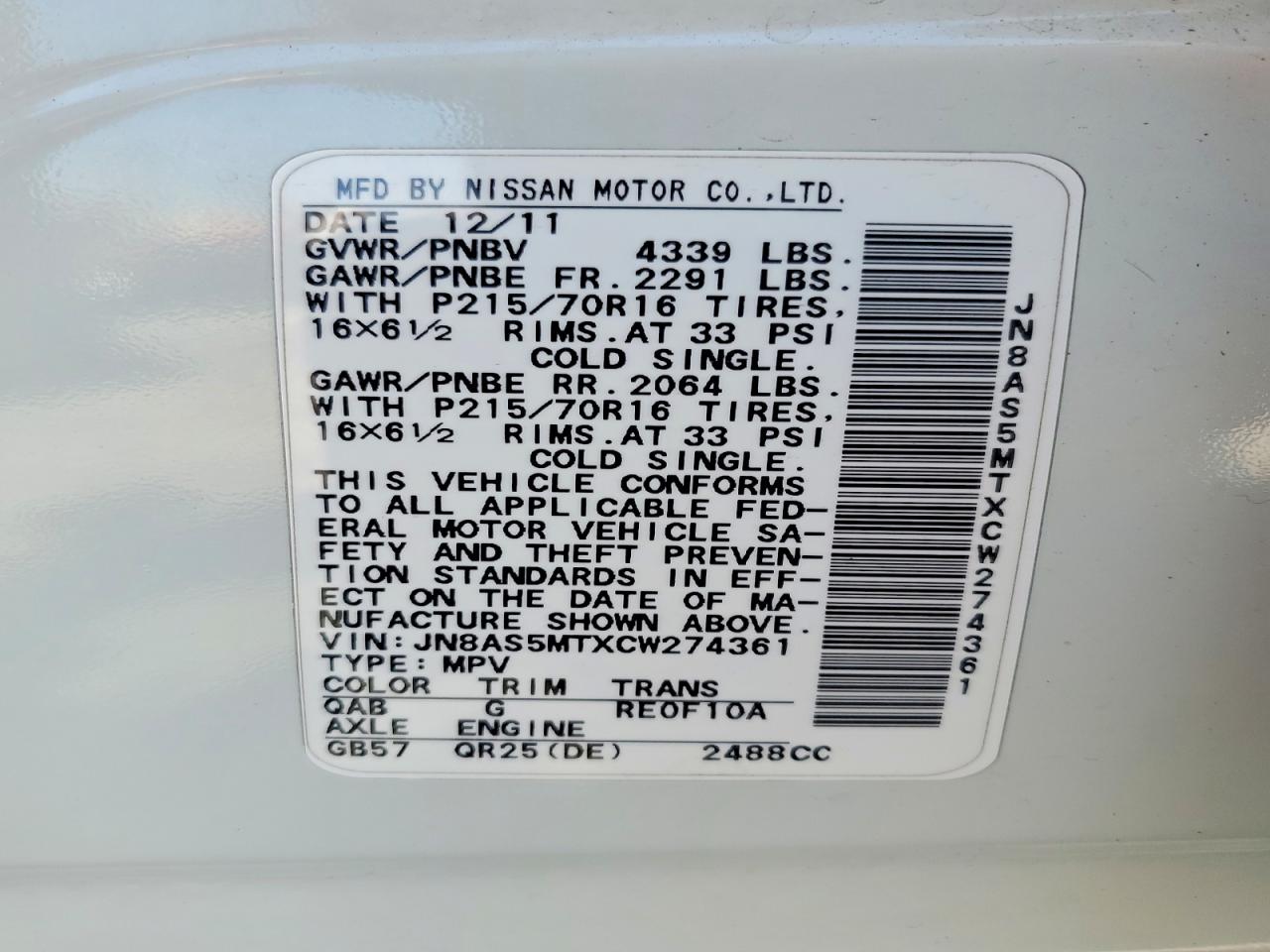 2012 Nissan Rogue S White vin: JN8AS5MTXCW274361