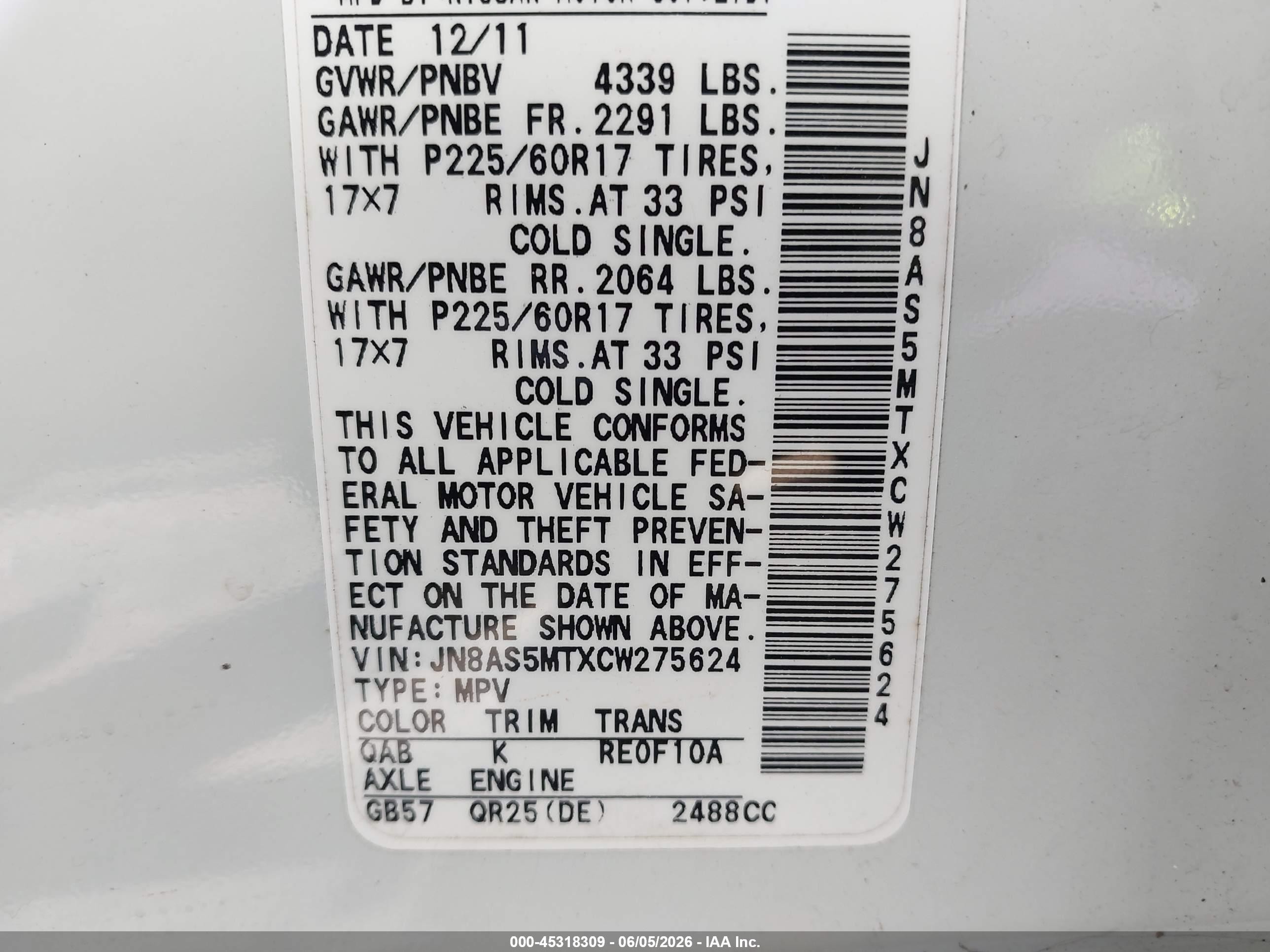 2012 Nissan Rogue Sv White vin: JN8AS5MTXCW275624