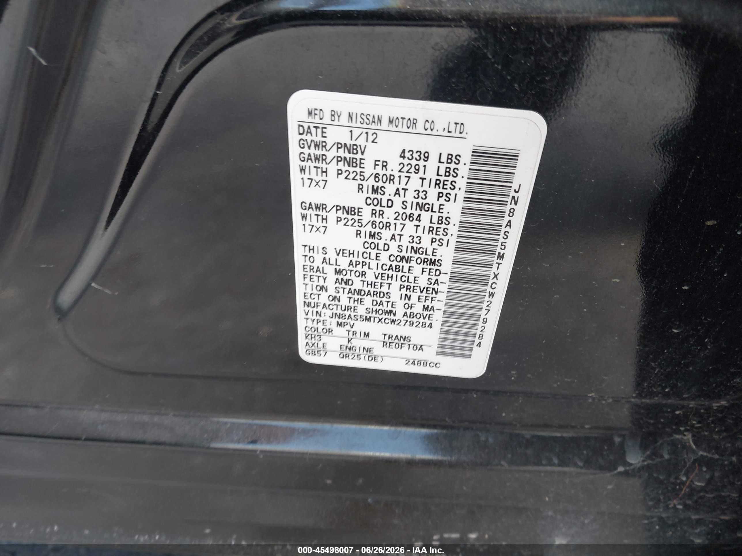 2012 Nissan Rogue Sv Black vin: JN8AS5MTXCW279284