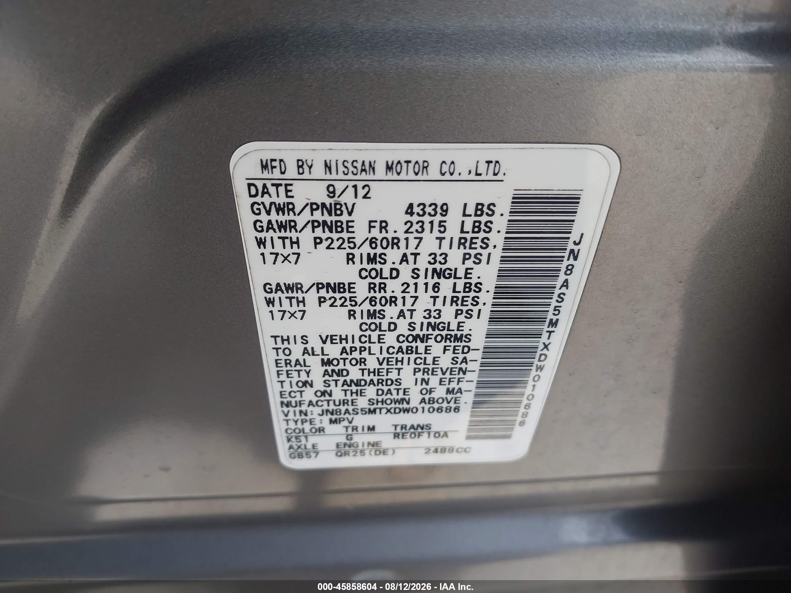 2013 Nissan Rogue Sv Gray vin: JN8AS5MTXDW010686