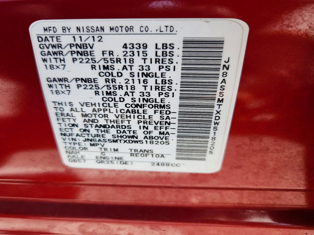 2013 Nissan Rogue S Red vin: JN8AS5MTXDW518205