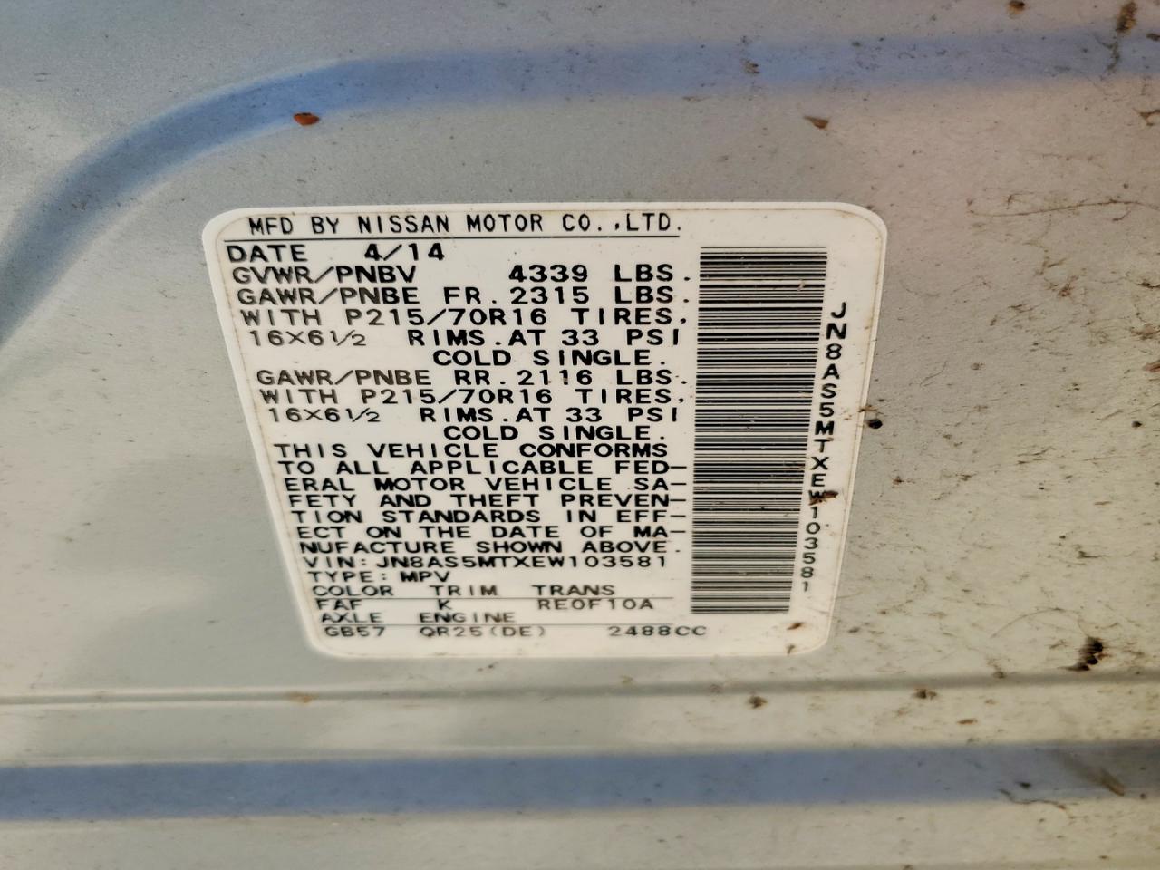2014 Nissan Rogue Select S Silver vin: JN8AS5MTXEW103581