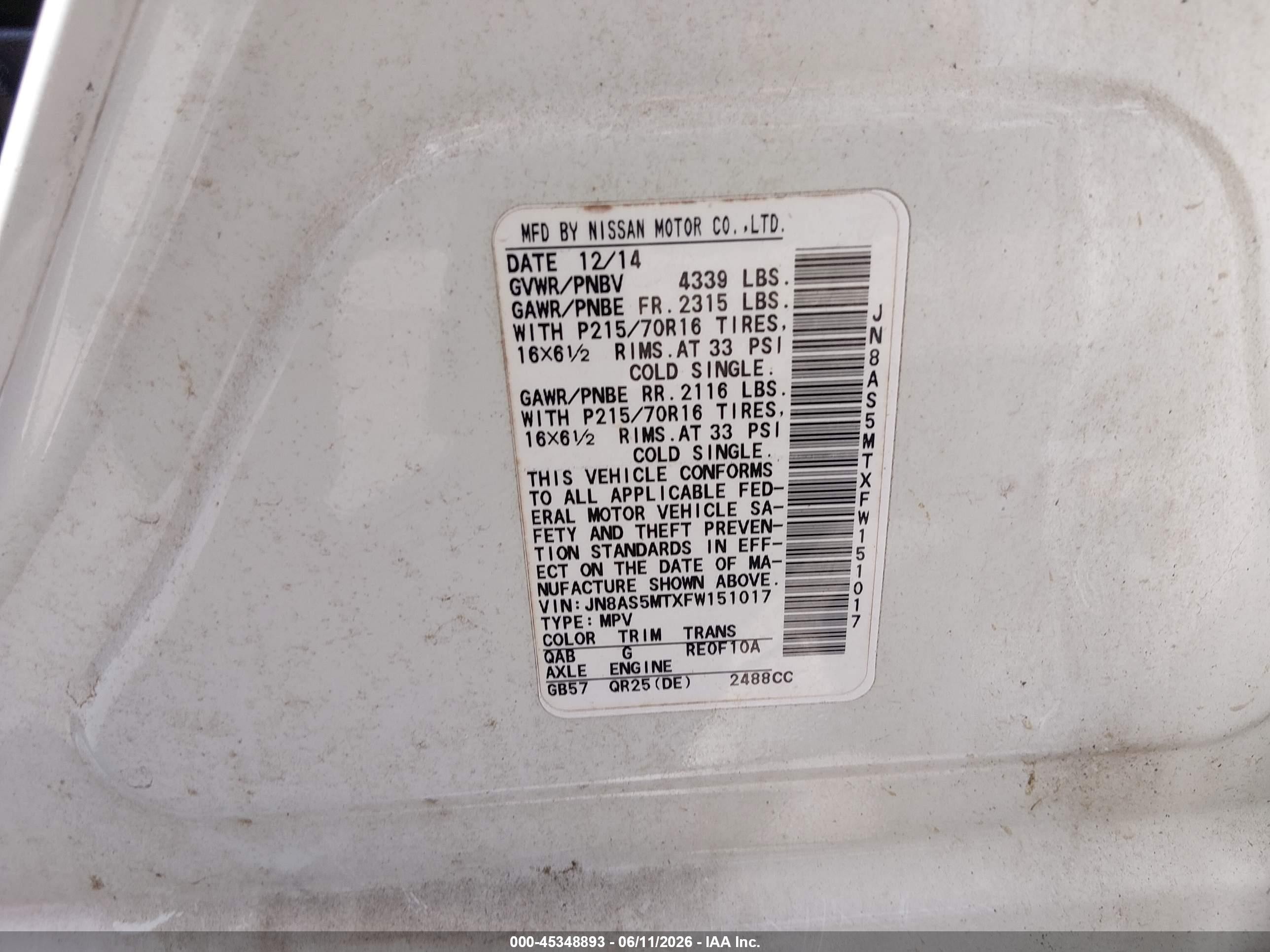 2015 Nissan Rogue Select S White vin: JN8AS5MTXFW151017