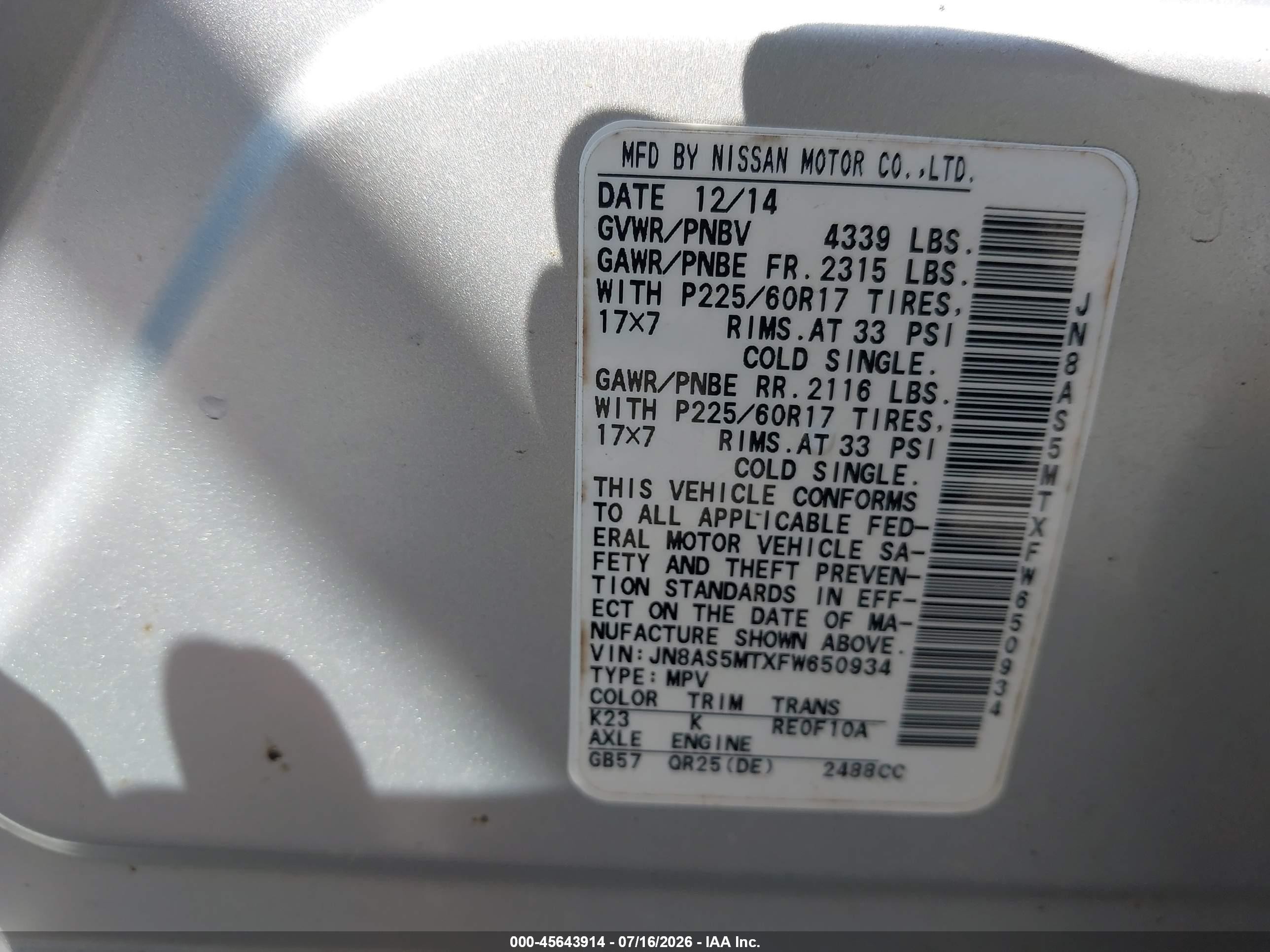 2015 Nissan Rogue Select S Silver vin: JN8AS5MTXFW650934