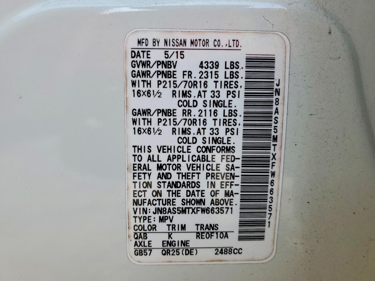 2015 Nissan Rogue Select S White vin: JN8AS5MTXFW663571