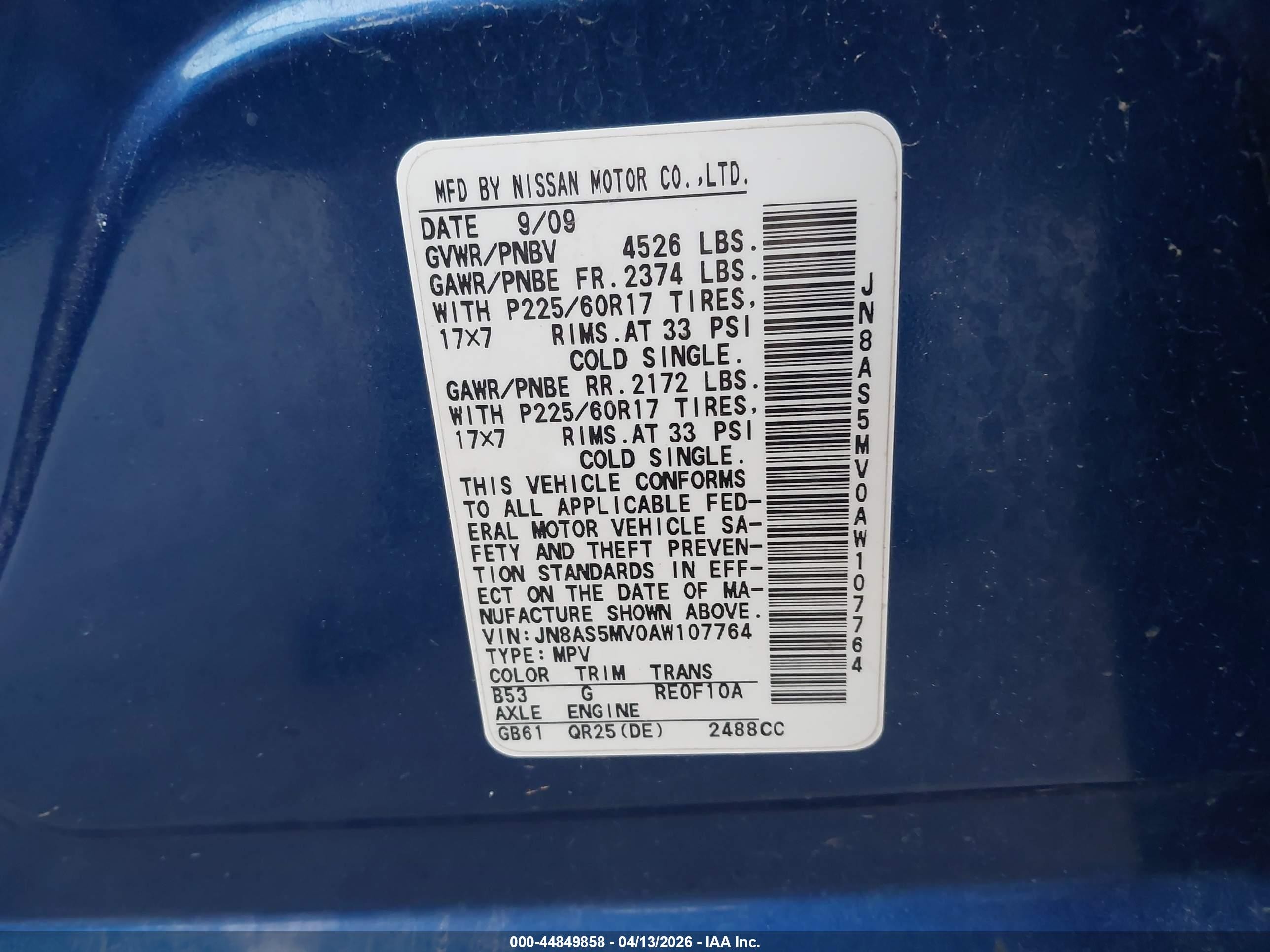 2010 Nissan Rogue Sl Blue vin: JN8AS5MV0AW107764