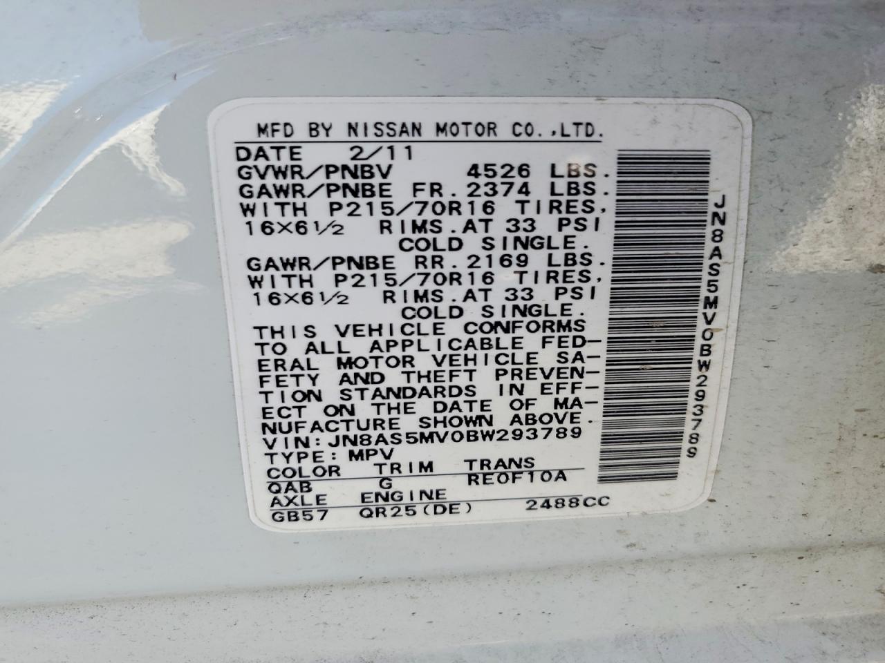 2011 Nissan Rogue S White vin: JN8AS5MV0BW293789