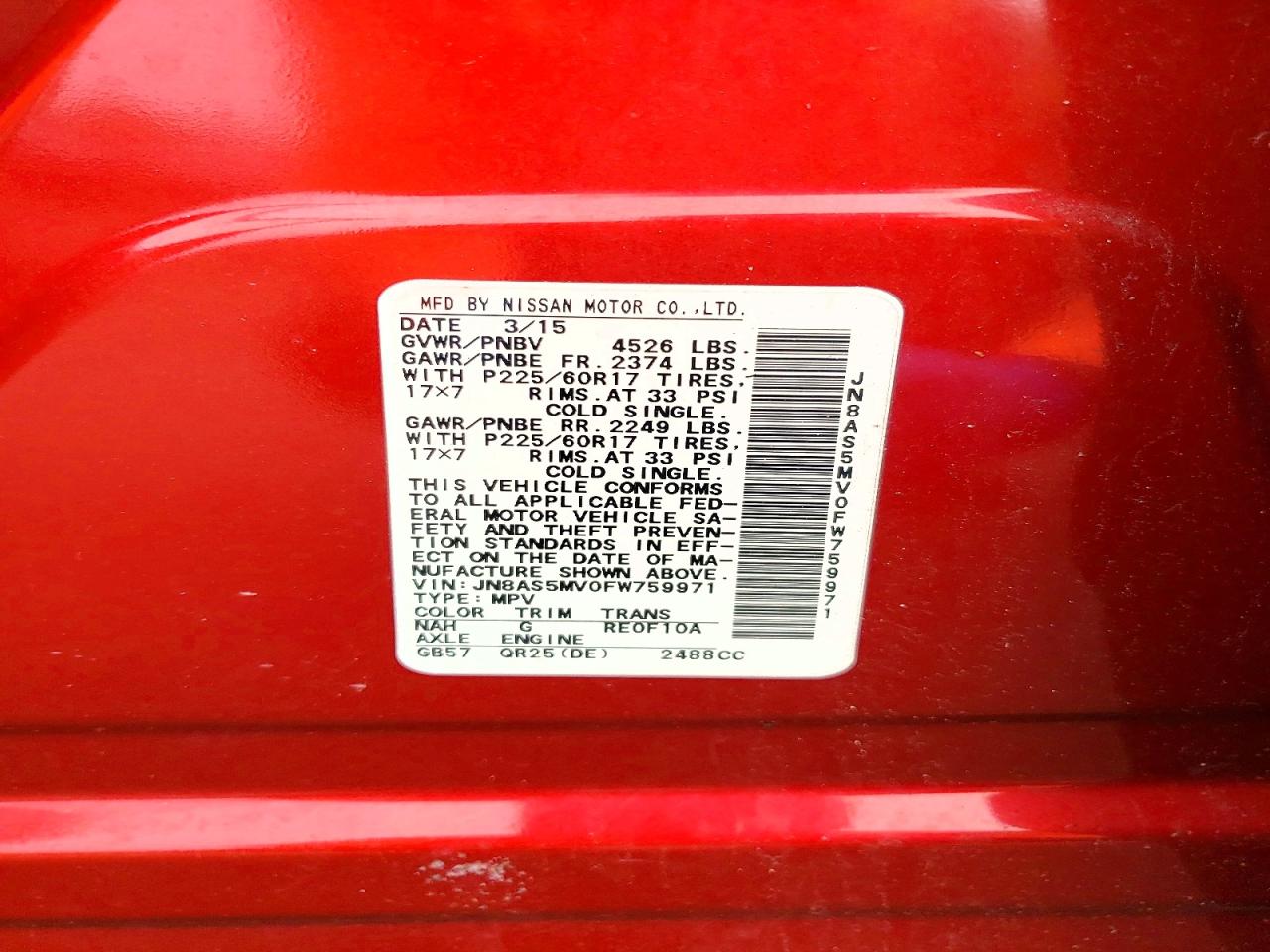 2015 Nissan Rogue Select S Red vin: JN8AS5MV0FW759971