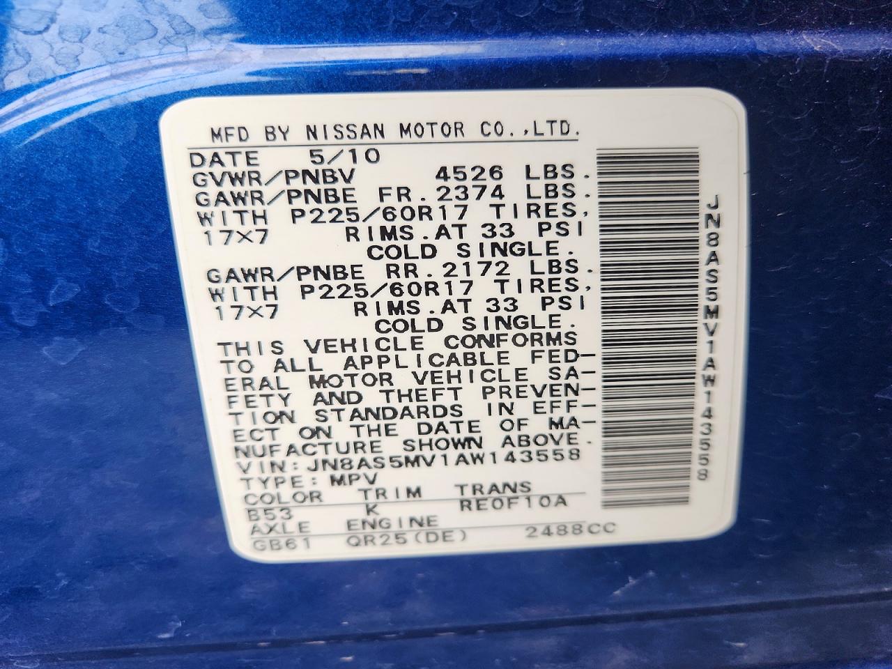 2010 Nissan Rogue S Blue vin: JN8AS5MV1AW143558
