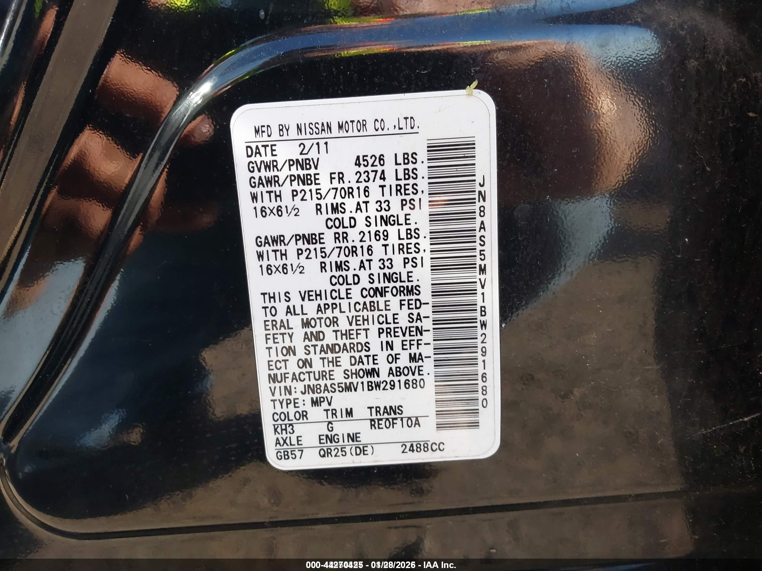 2011 Nissan Rogue S Black vin: JN8AS5MV1BW291680