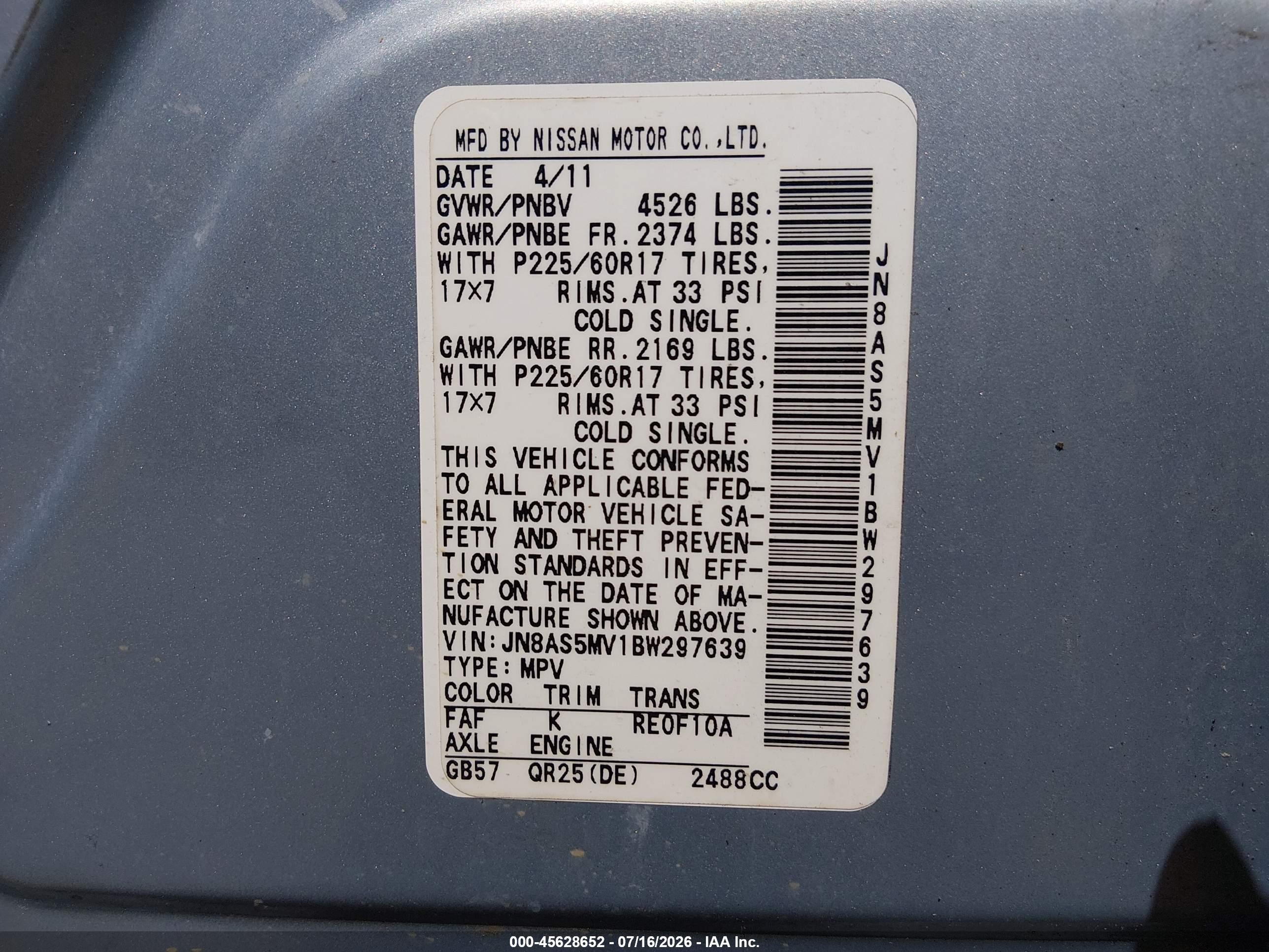 2011 Nissan Rogue Sv Blue vin: JN8AS5MV1BW297639
