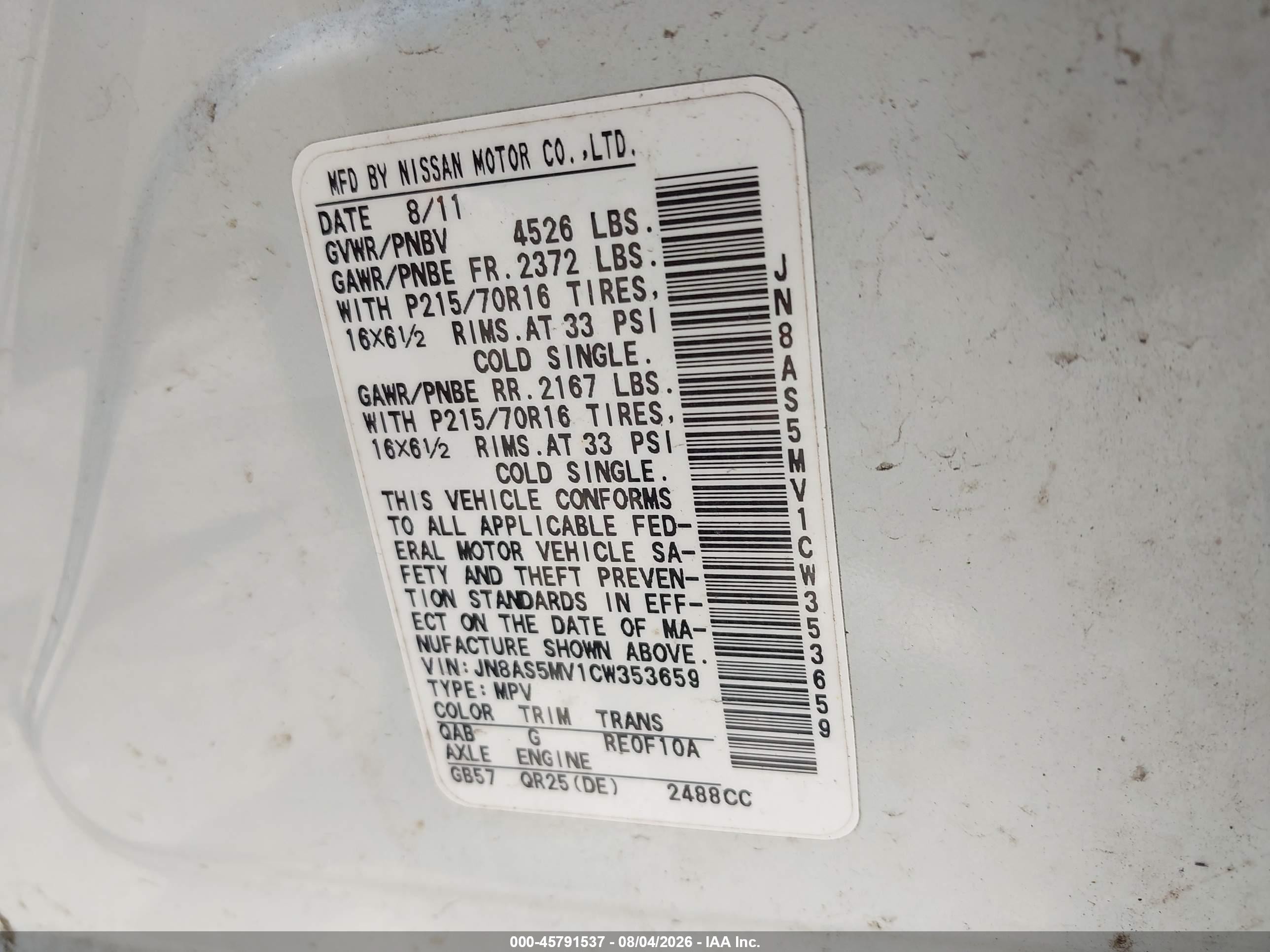 2012 Nissan Rogue S White vin: JN8AS5MV1CW353659