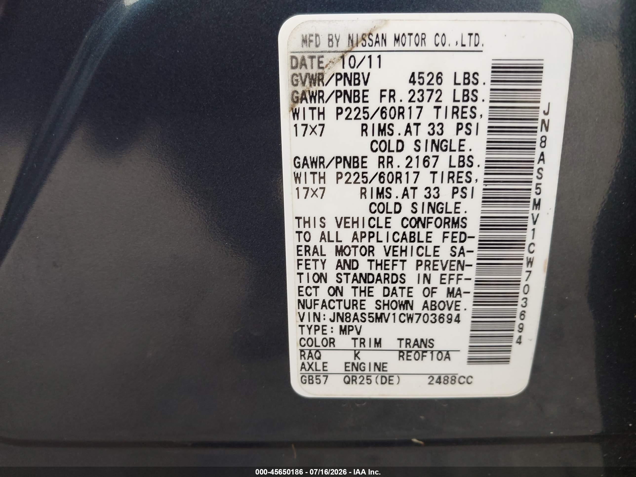 2012 Nissan Rogue Sv Dark Blue vin: JN8AS5MV1CW703694