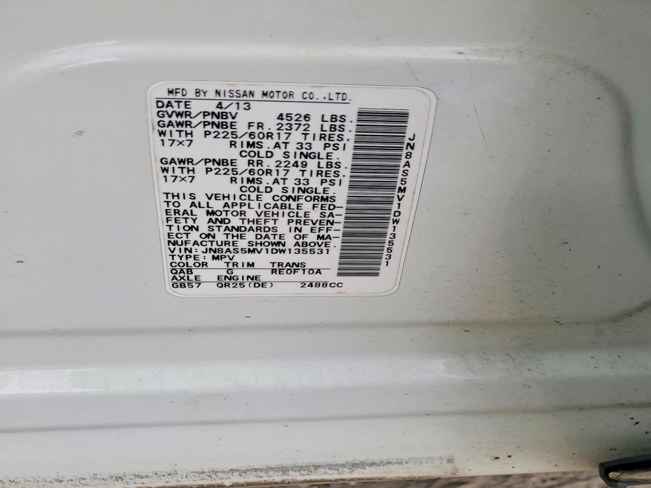 2013 Nissan Rogue S White vin: JN8AS5MV1DW135531