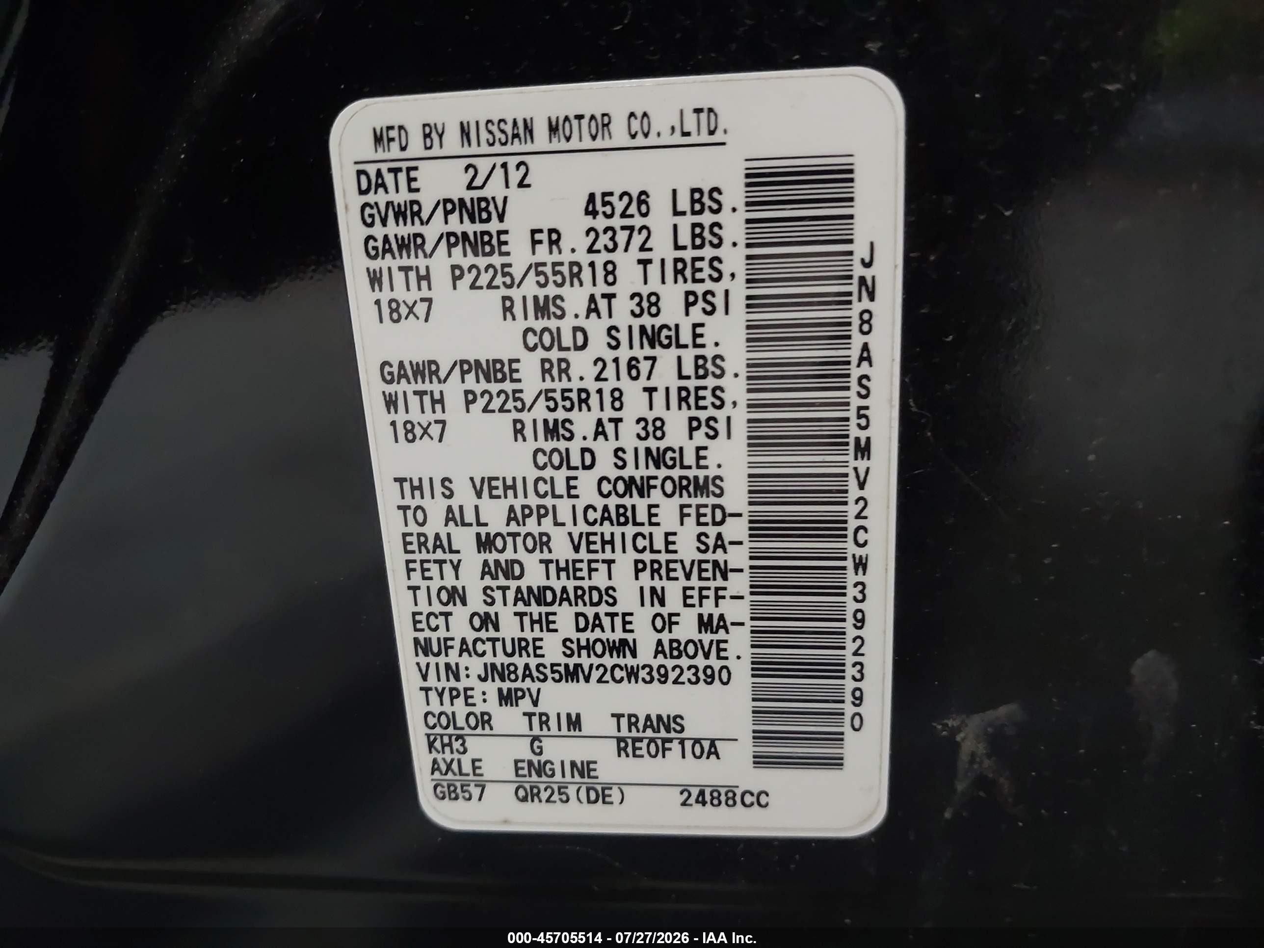 2012 Nissan Rogue S/sv Black vin: JN8AS5MV2CW392390