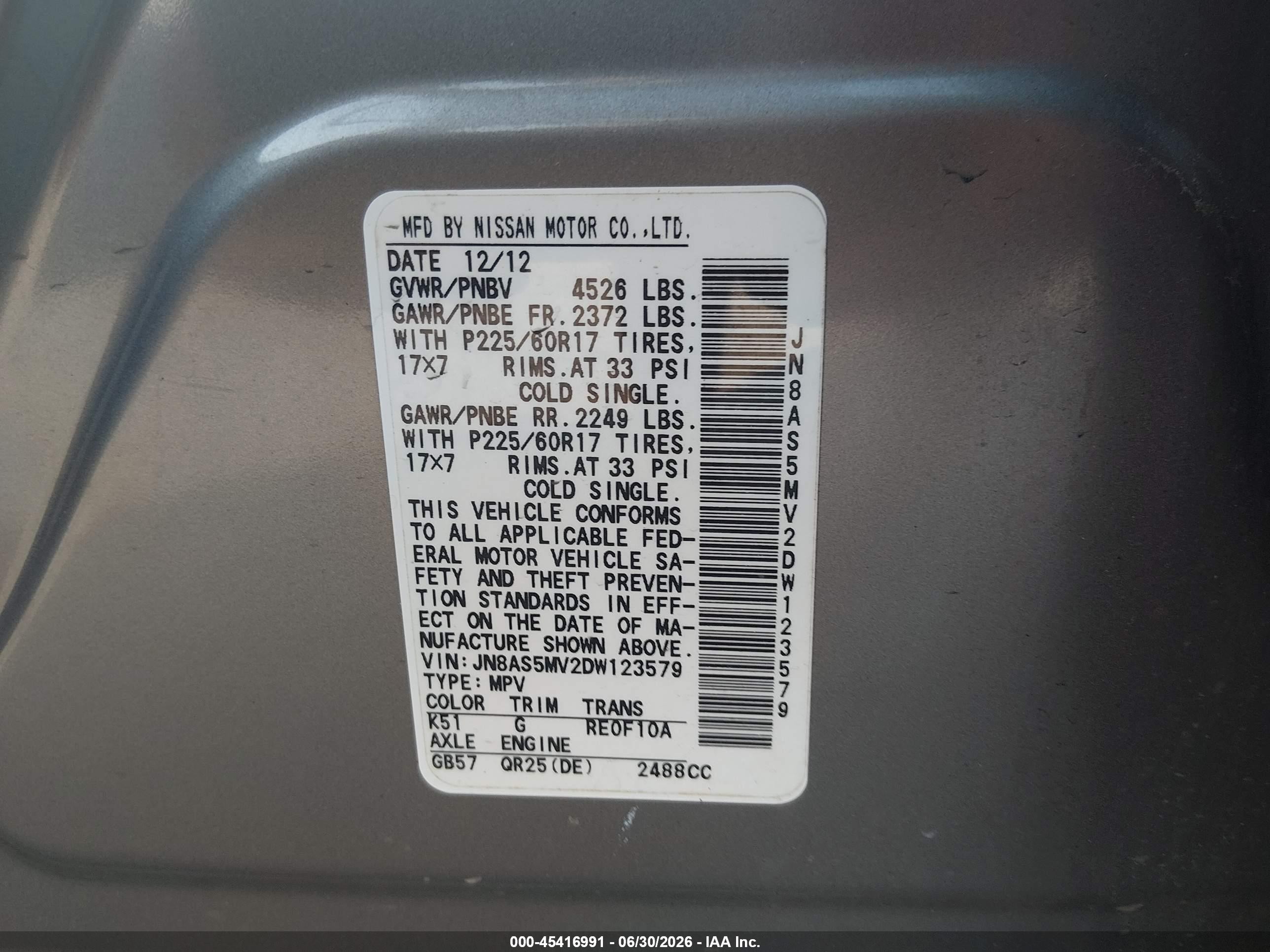 2013 Nissan Rogue Sv Champagne vin: JN8AS5MV2DW123579
