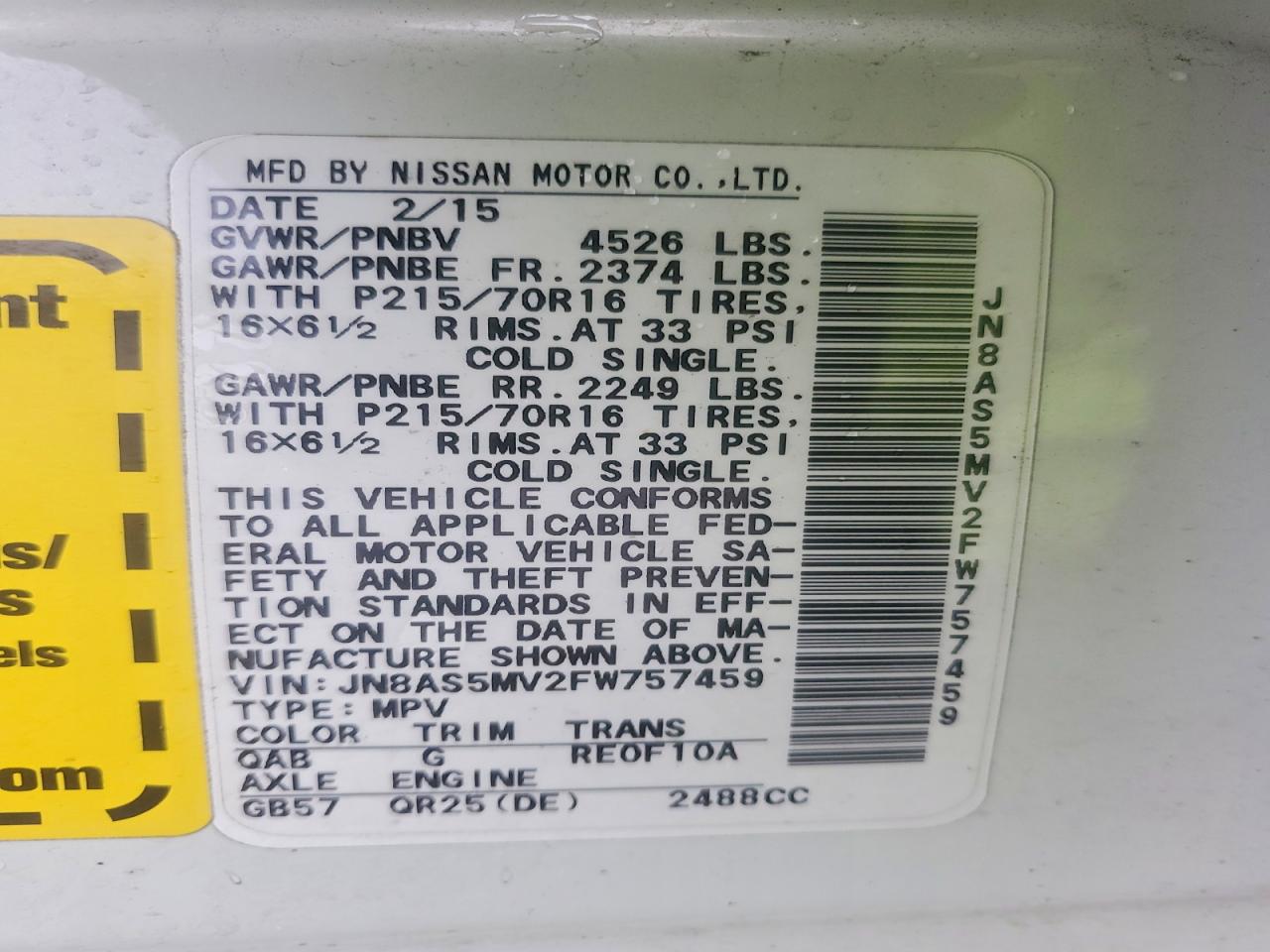 2015 Nissan Rogue White vin: JN8AS5MV2FW757459