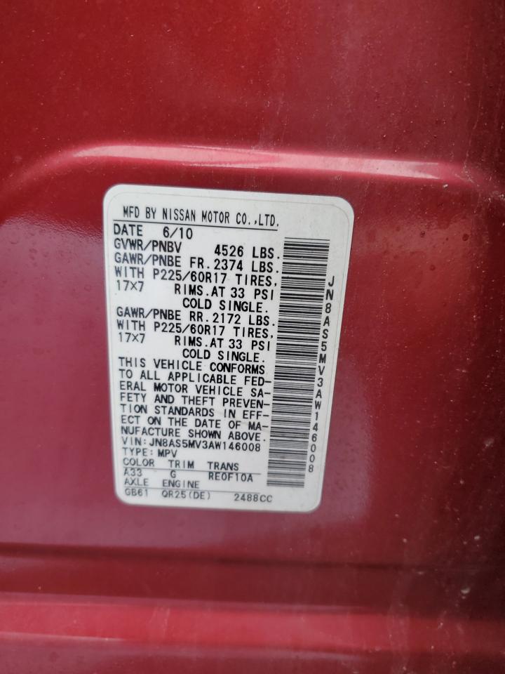 2010 Nissan Rogue S Red vin: JN8AS5MV3AW146008