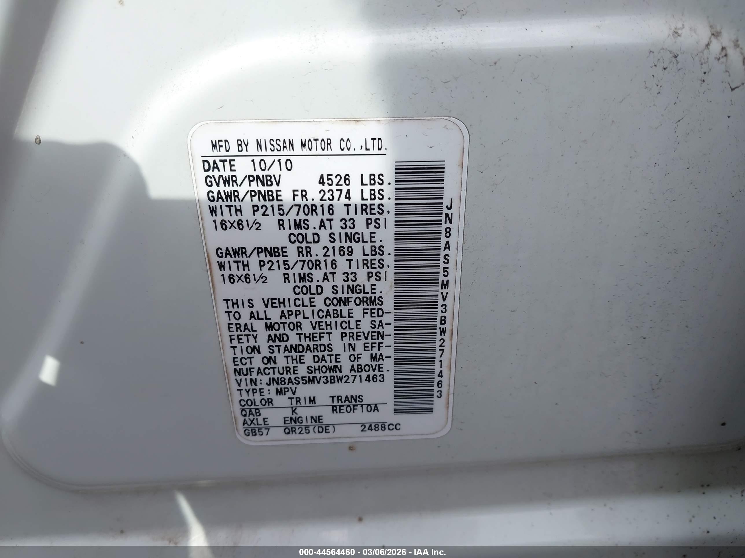 2011 Nissan Rogue S White vin: JN8AS5MV3BW271463