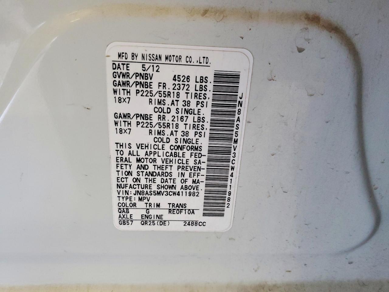 2012 Nissan Rogue S White vin: JN8AS5MV3CW411982