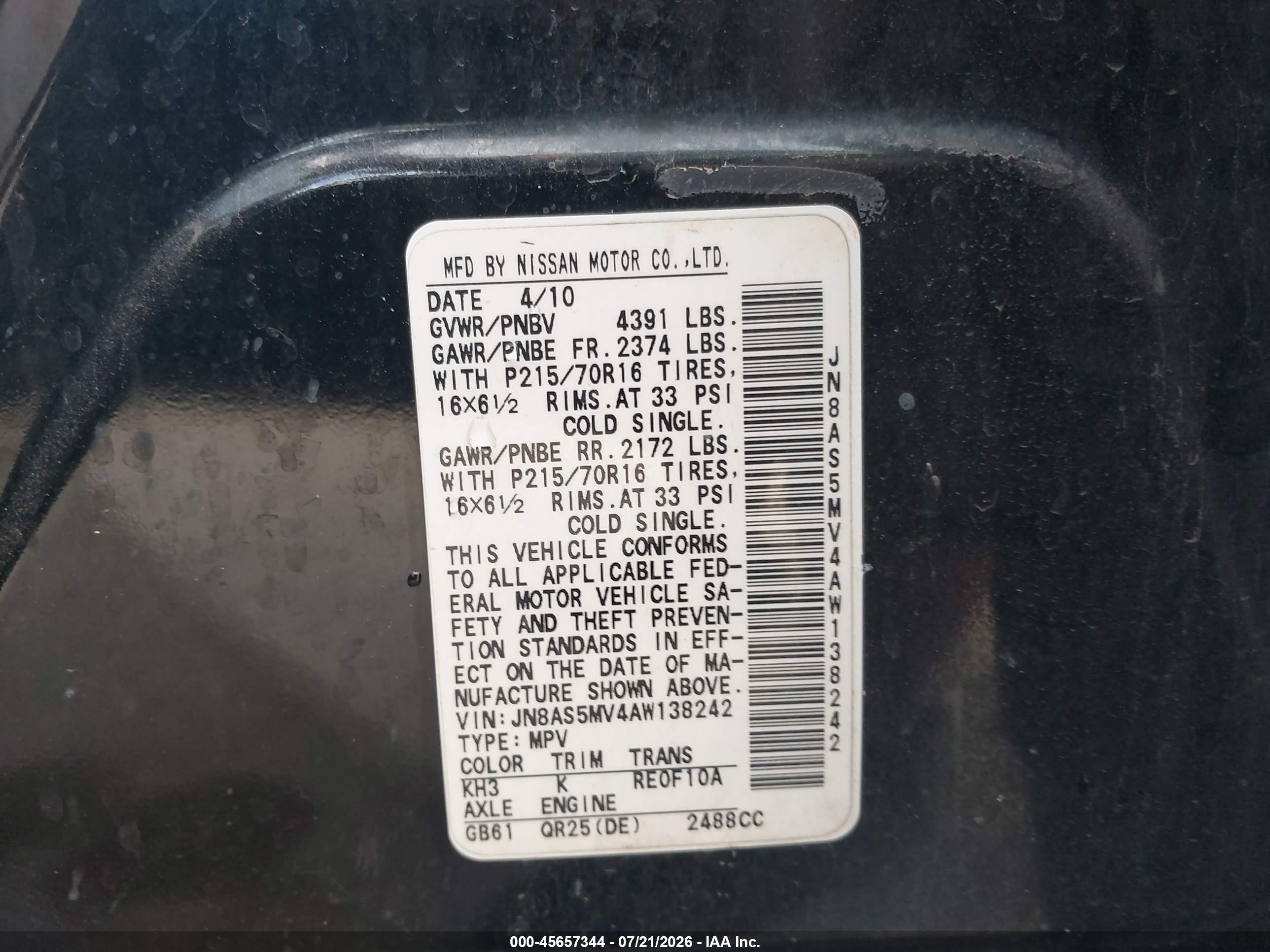 2010 Nissan Rogue S Black vin: JN8AS5MV4AW138242