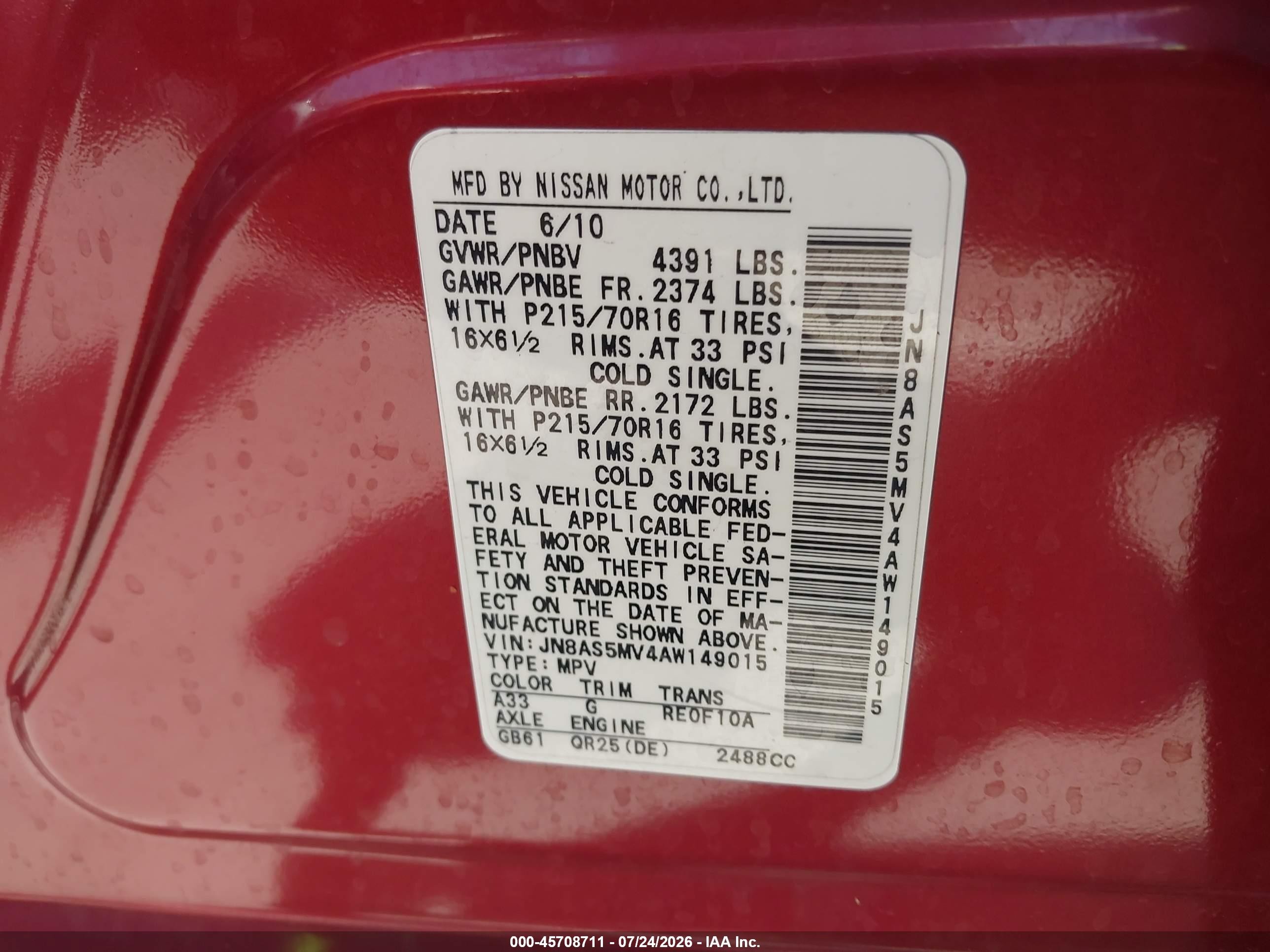 2010 Nissan Rogue S Red vin: JN8AS5MV4AW149015