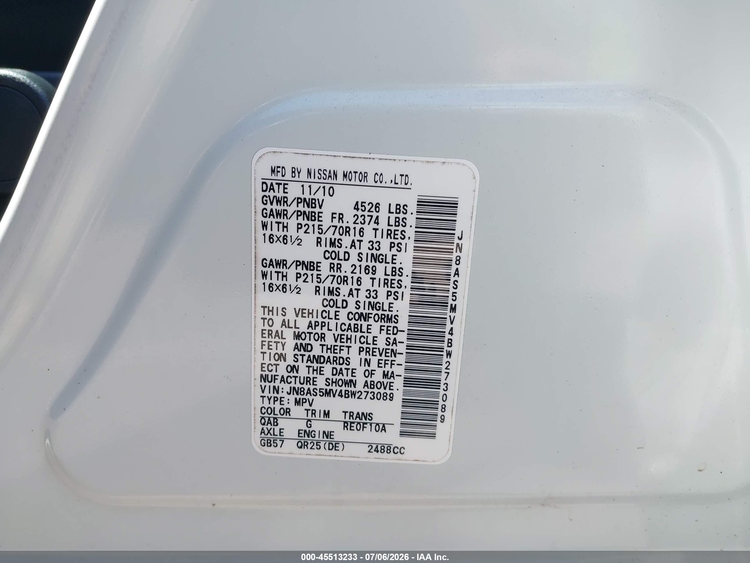 2011 Nissan Rogue S White vin: JN8AS5MV4BW273089