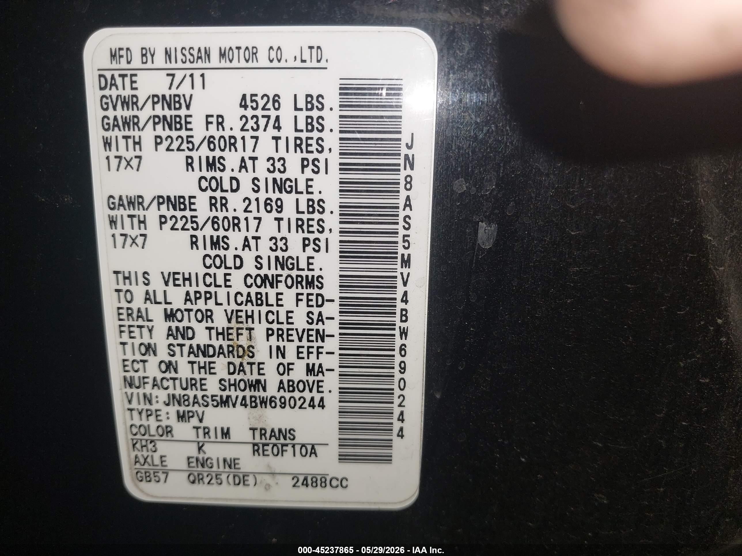 2011 Nissan Rogue Sv Black vin: JN8AS5MV4BW690244