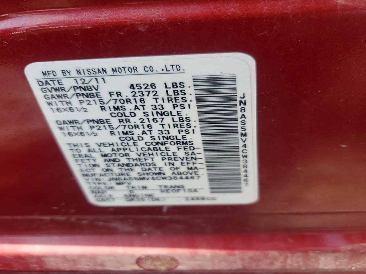 2012 Nissan Rogue S Red vin: JN8AS5MV4CW384467