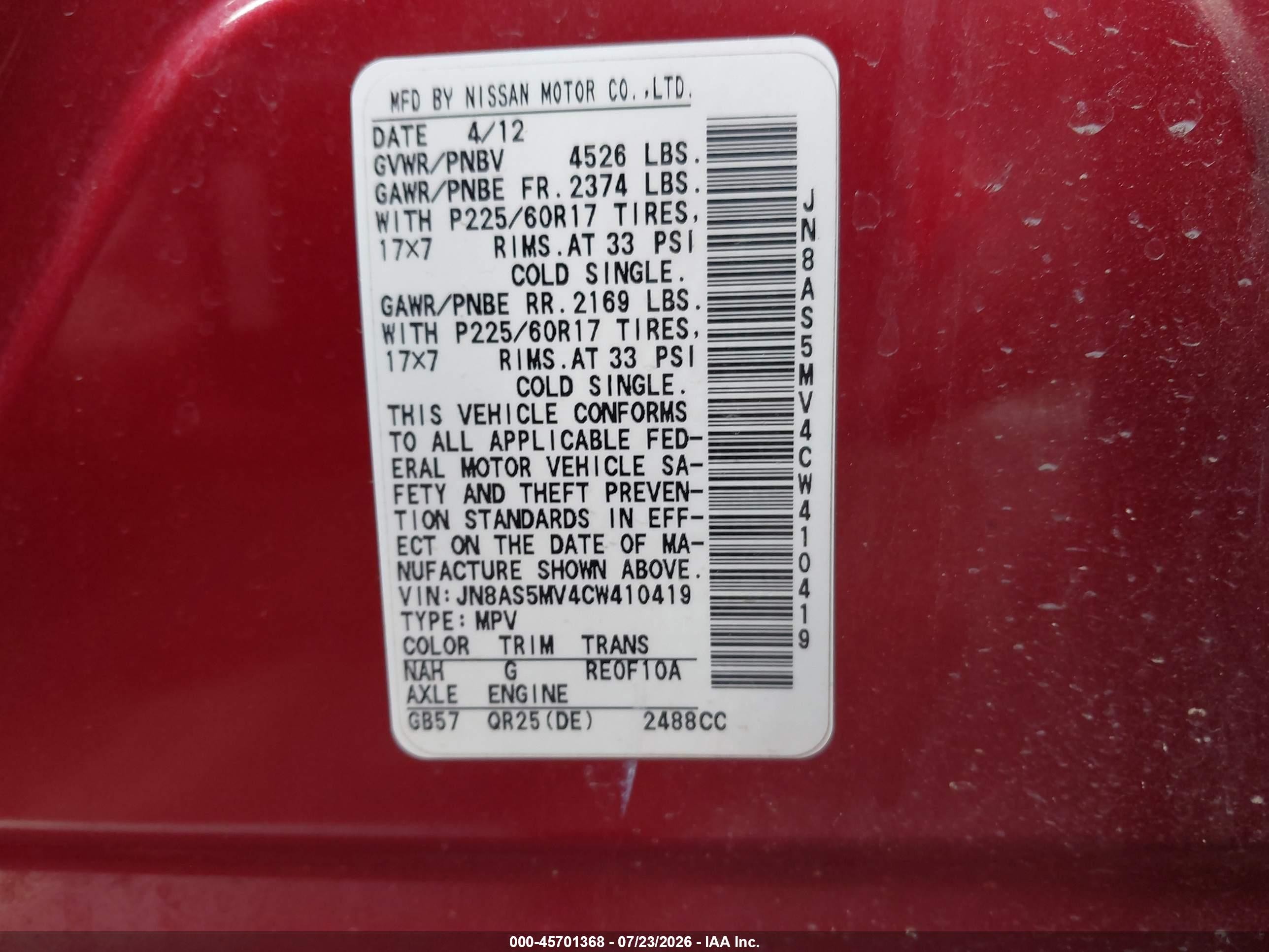 2012 Nissan Rogue Sv Burgundy vin: JN8AS5MV4CW410419