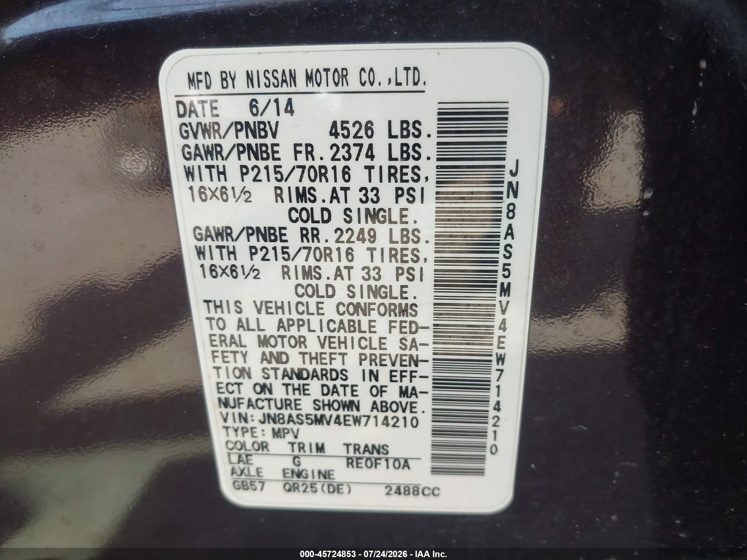 2014 Nissan Rogue Select S Фиолетовый vin: JN8AS5MV4EW714210