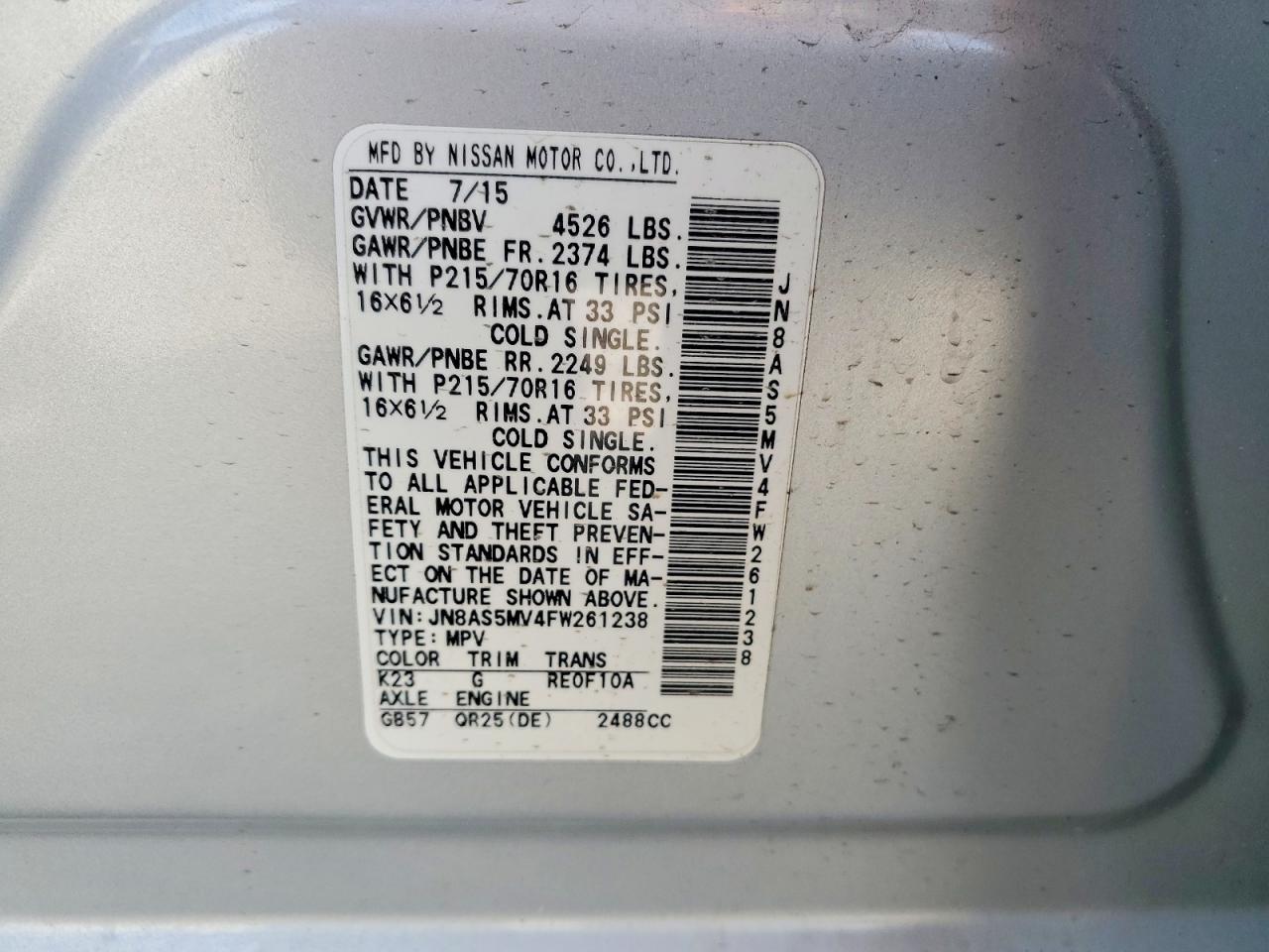 2015 Nissan Rogue Select S Silver vin: JN8AS5MV4FW261238