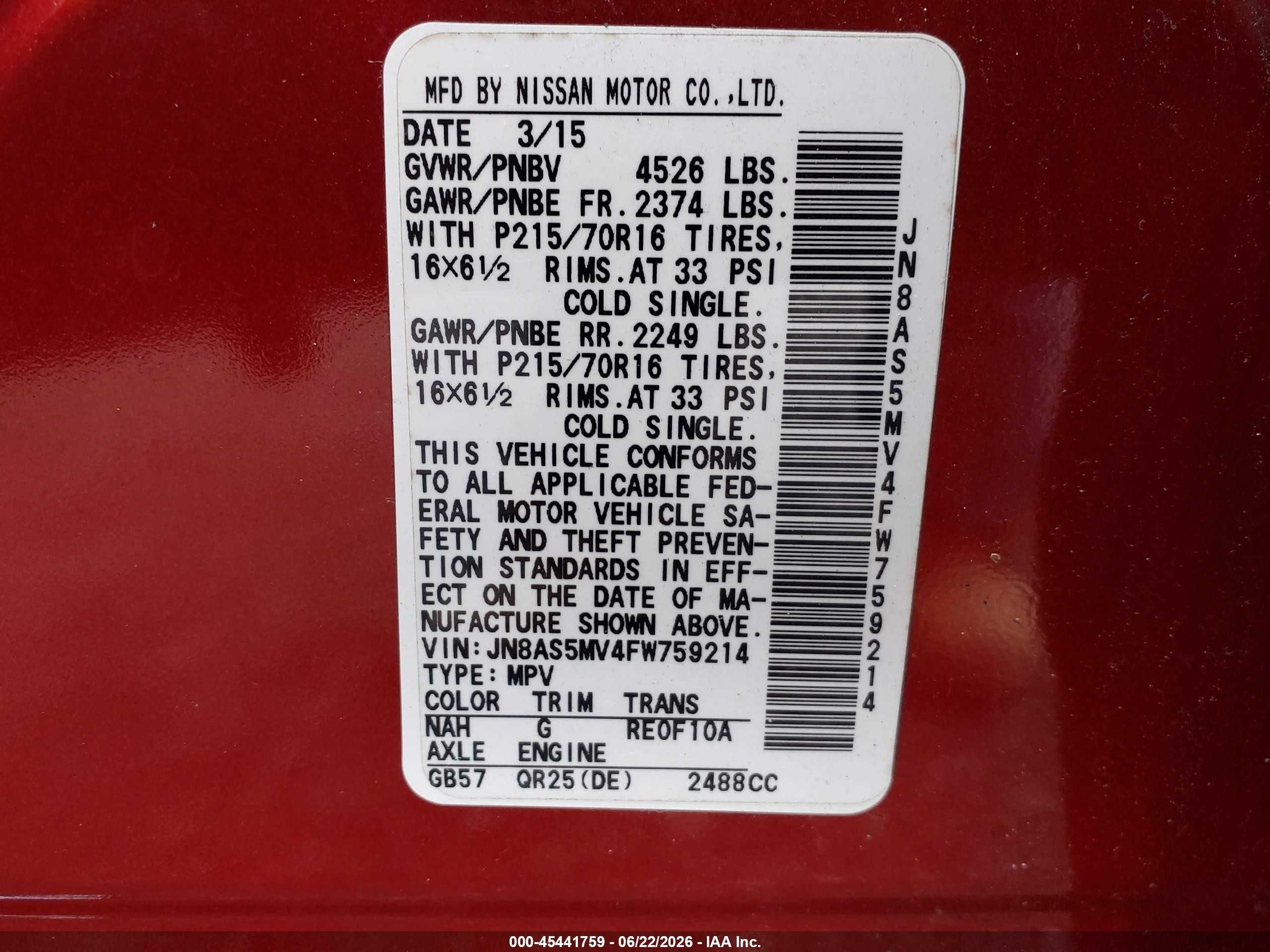 2015 Nissan Rogue Select S Red vin: JN8AS5MV4FW759214