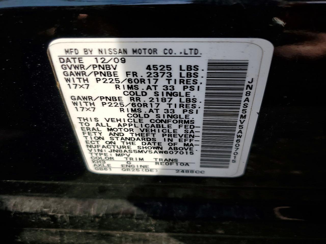 2010 Niss Rogue Black vin: JN8AS5MV5AW607015