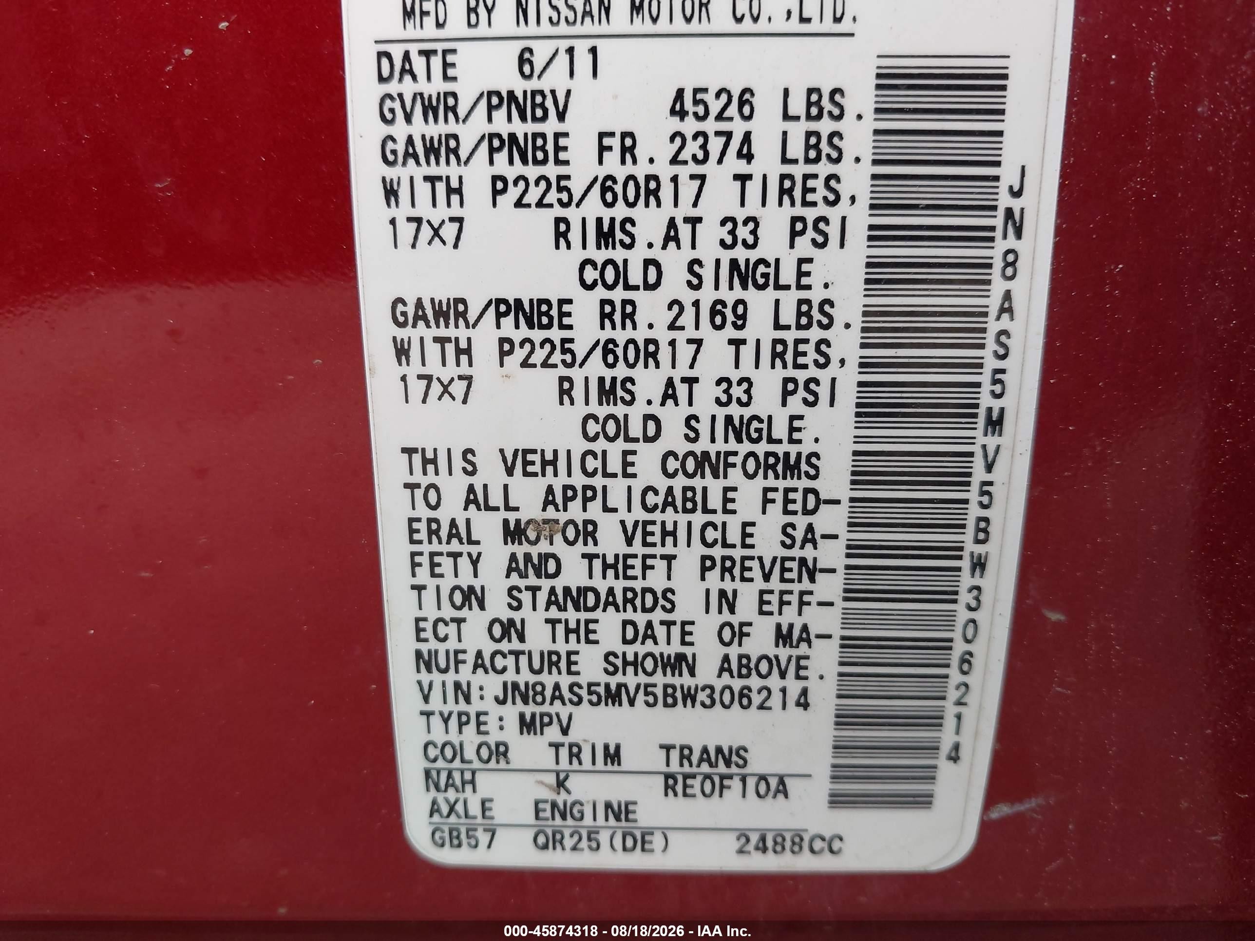2011 Nissan Rogue Sv Maroon vin: JN8AS5MV5BW306214