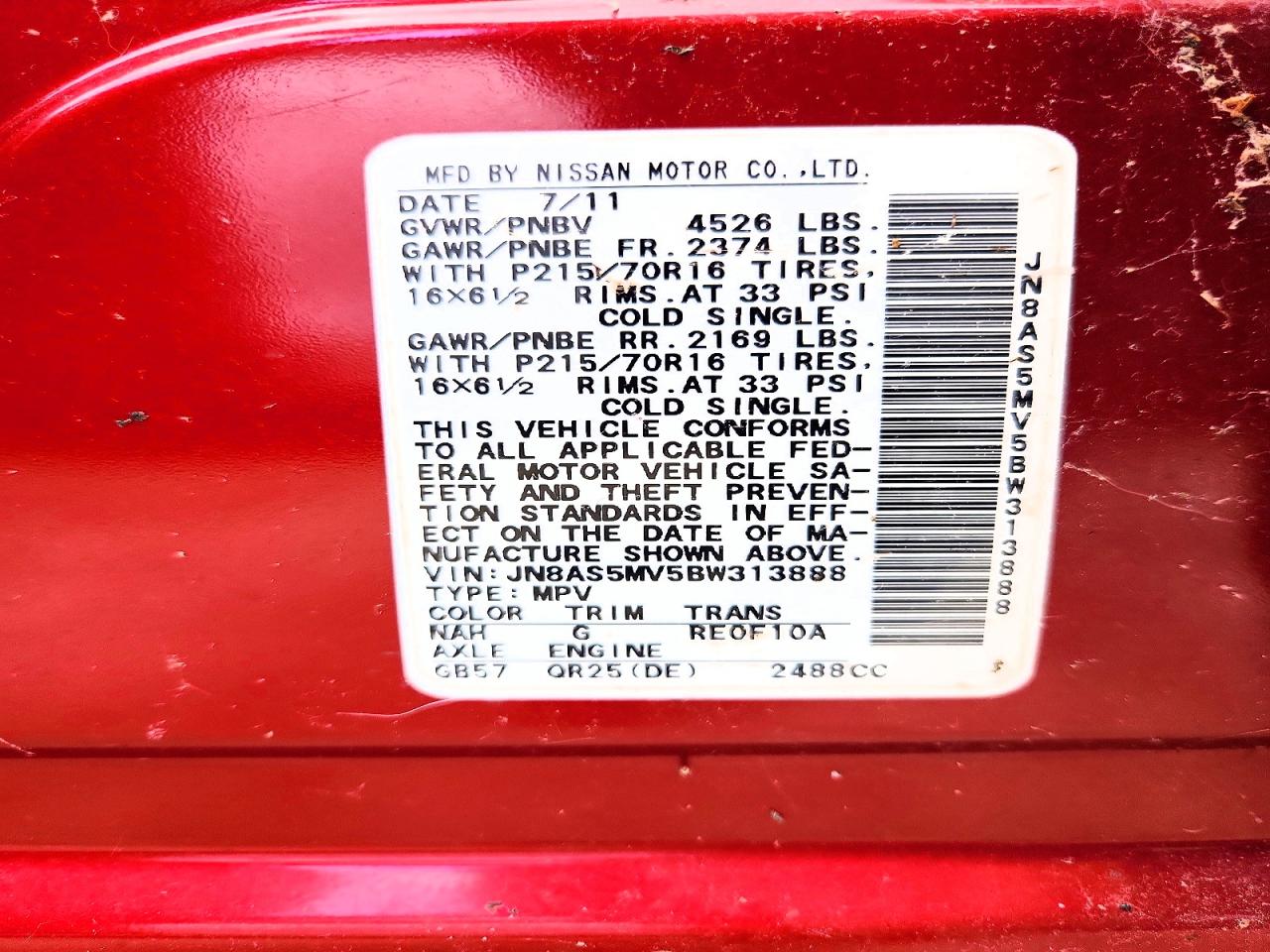 2011 Nissan Rogue S Red vin: JN8AS5MV5BW313888